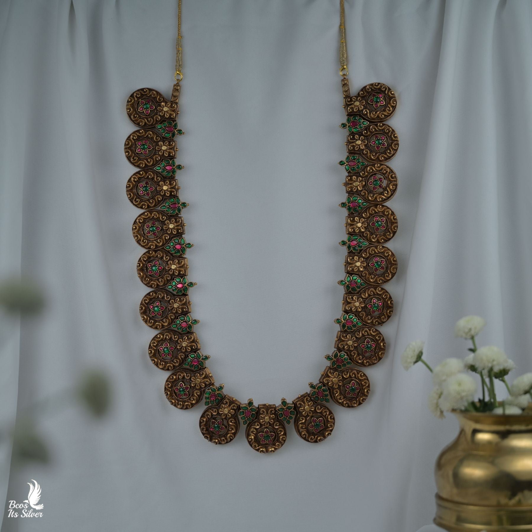 92.5 Silver Gold Plated Kundan Haram - 8420
