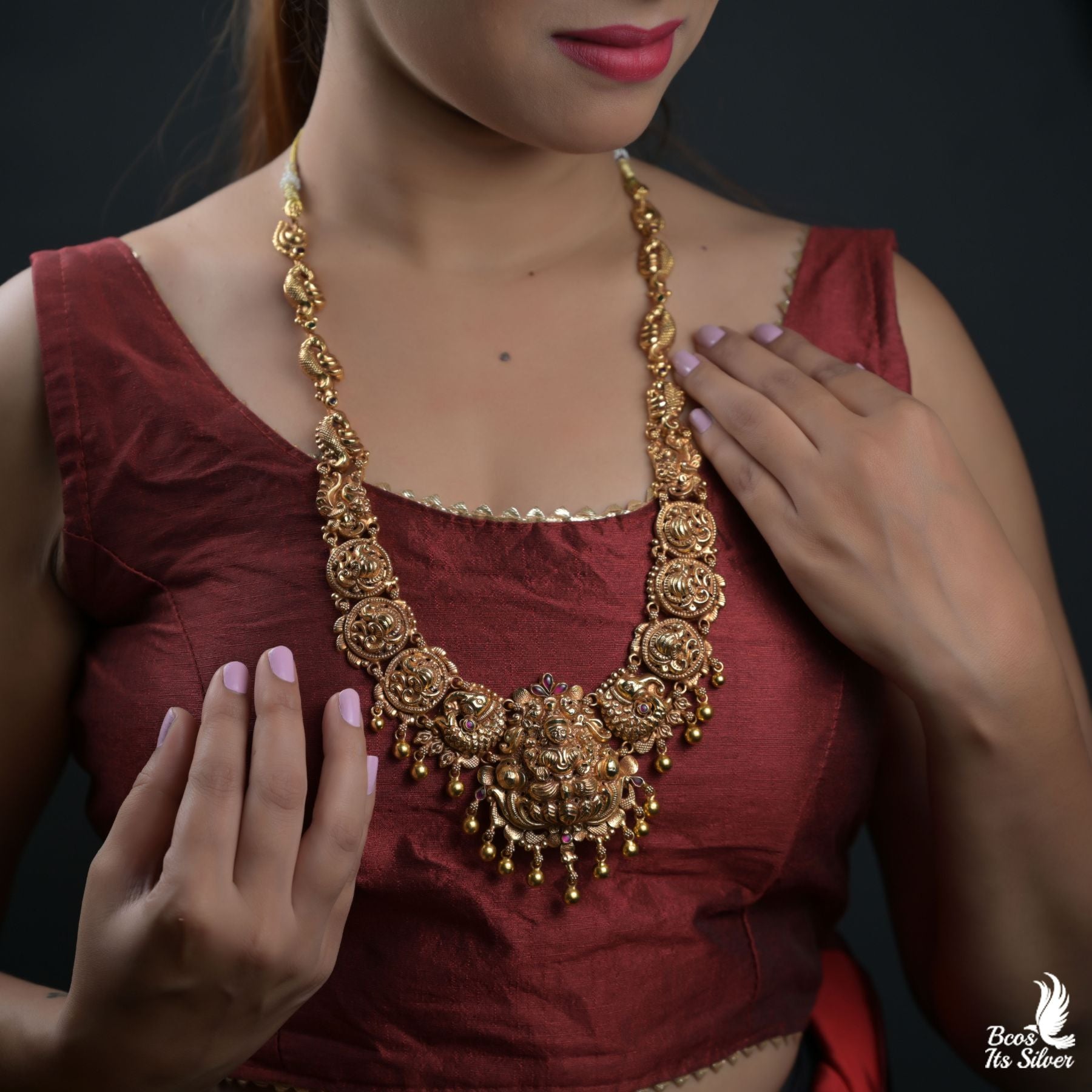 92.5 Silver Gold Plated Nakshi Haram - 8423