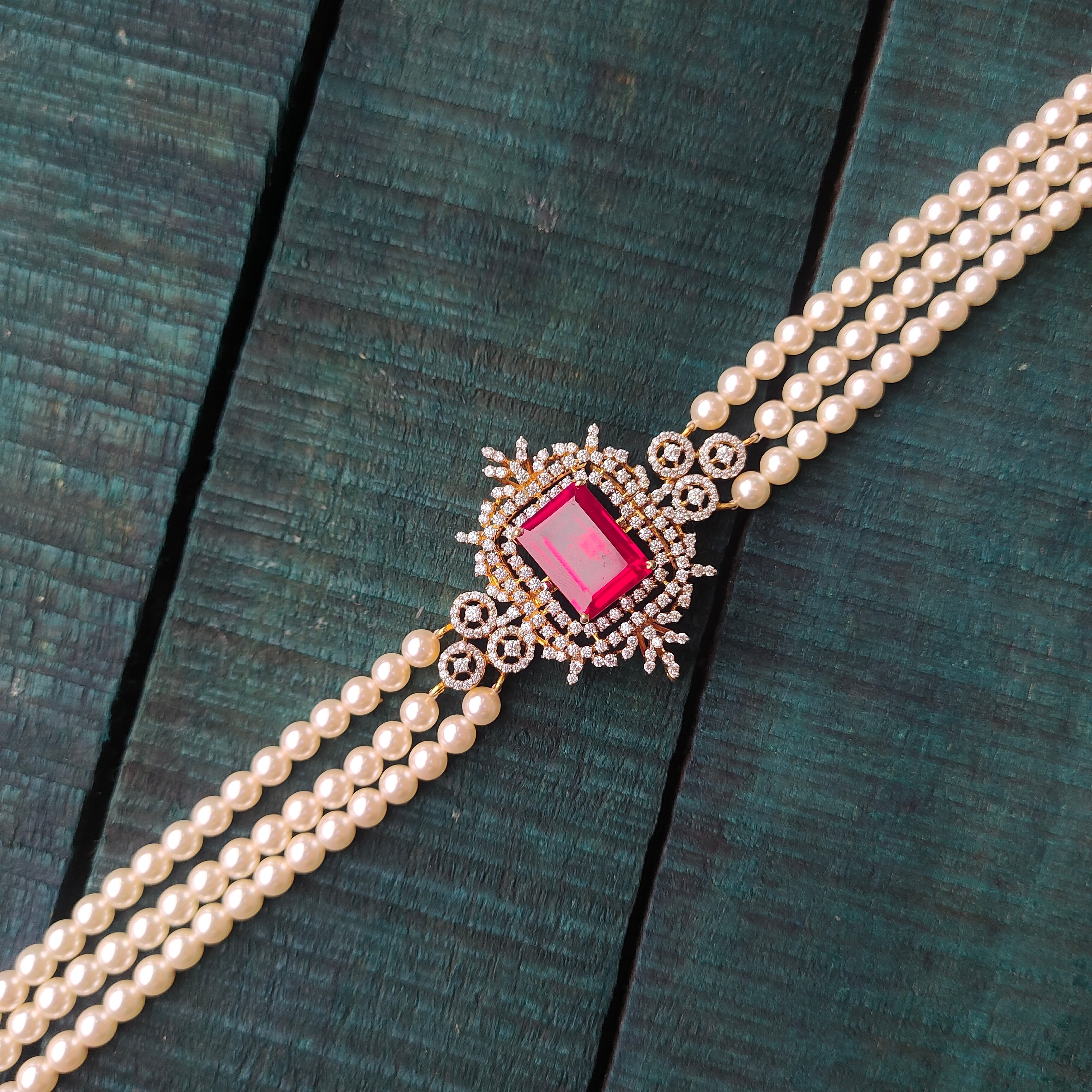 925 Silver Diamond Look Pearl choker - 0074 - BCOS Its Silver