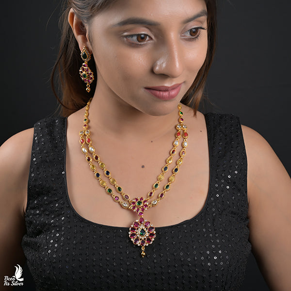 925 Gold Plated Navaratna Haram with Earring-0984