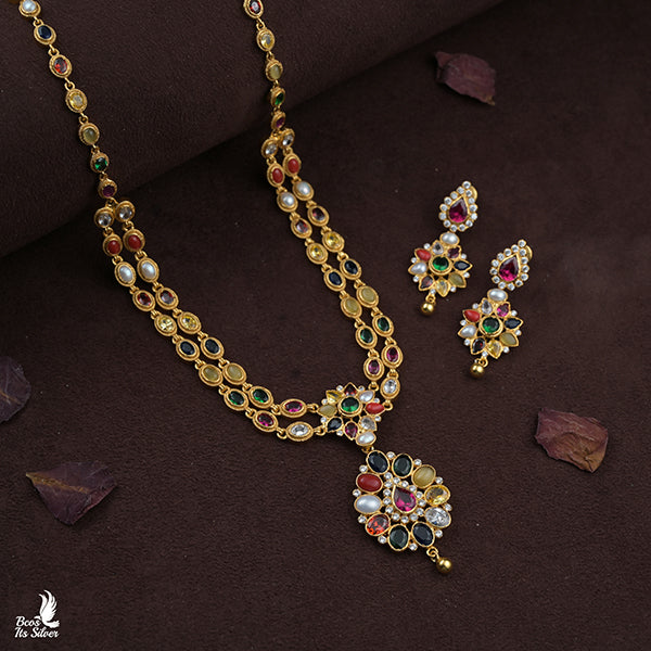925 Gold Plated Navaratna Necklace with Earring-0983