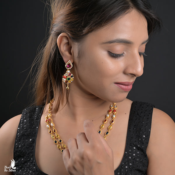 925 Gold Plated Navaratna Necklace with Earring-0983