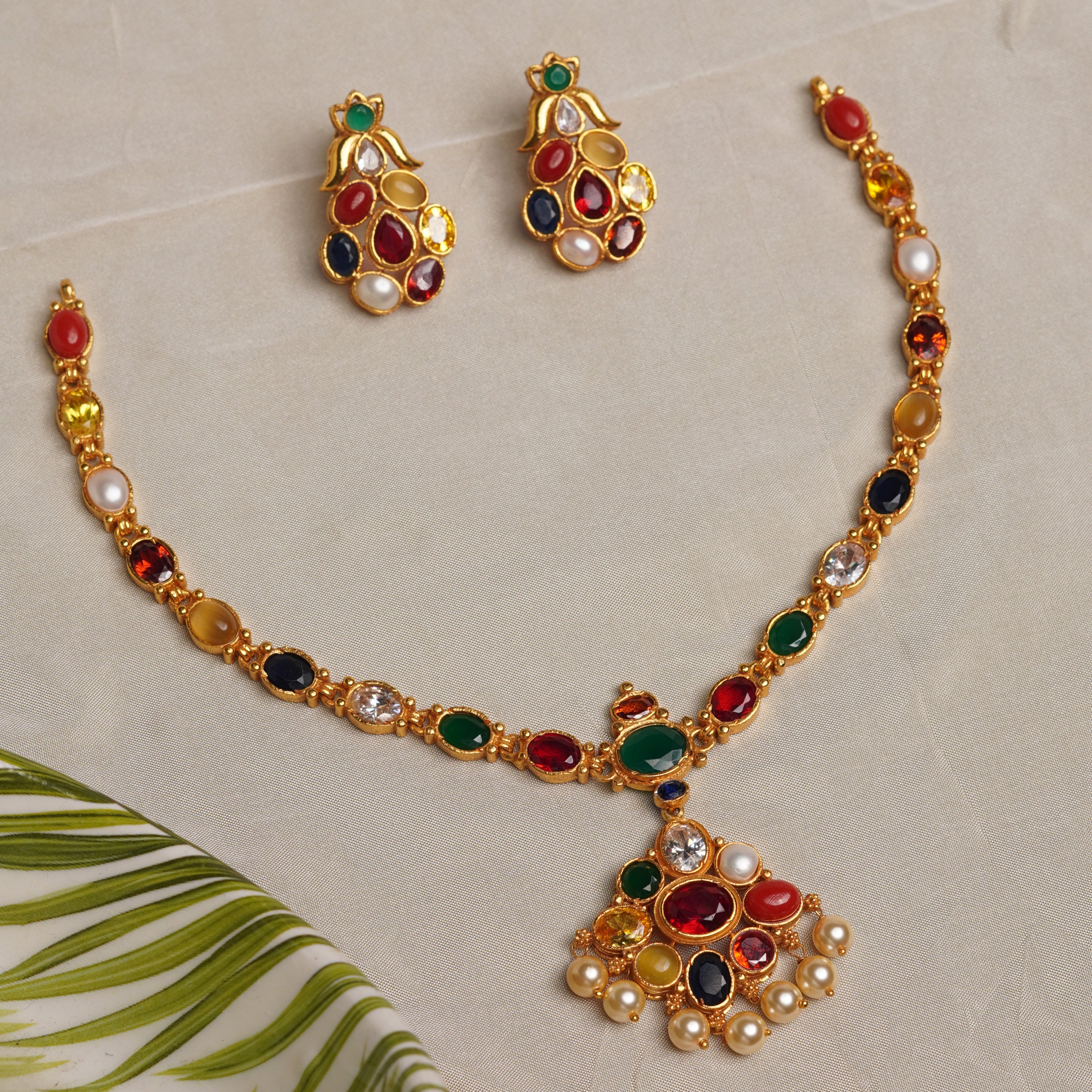 925 Silver Navaratna Necklace with Earring-1206