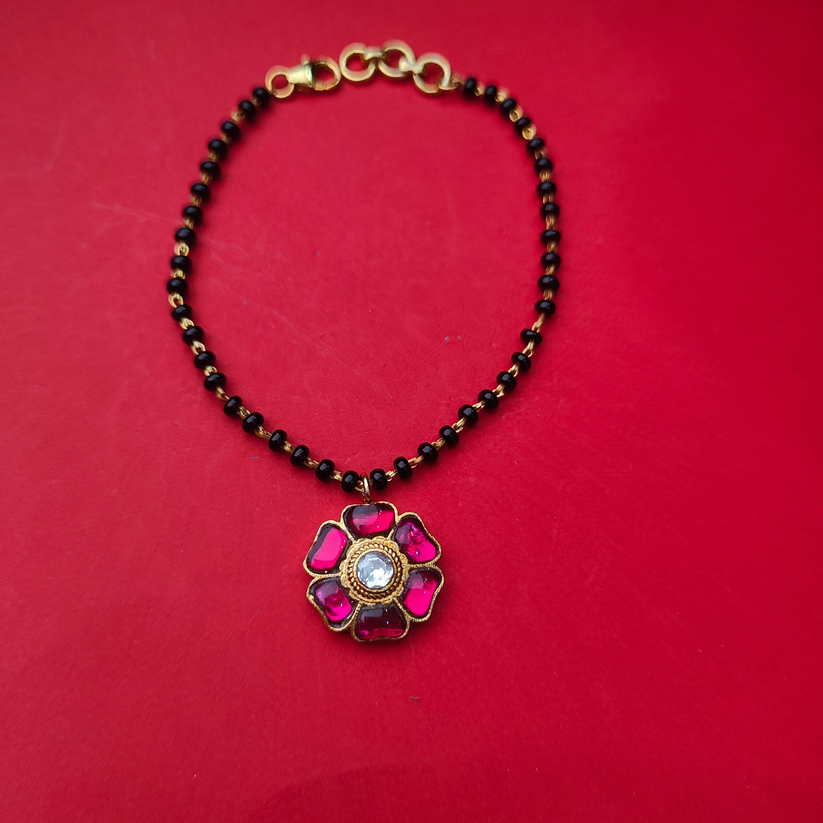 925 Silver Black bead Kundan Floral Bracelet -5719