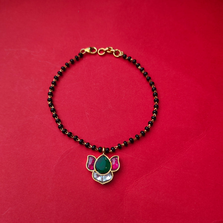 925 Silver Black bead Kundan Lotus Bracelet -5718