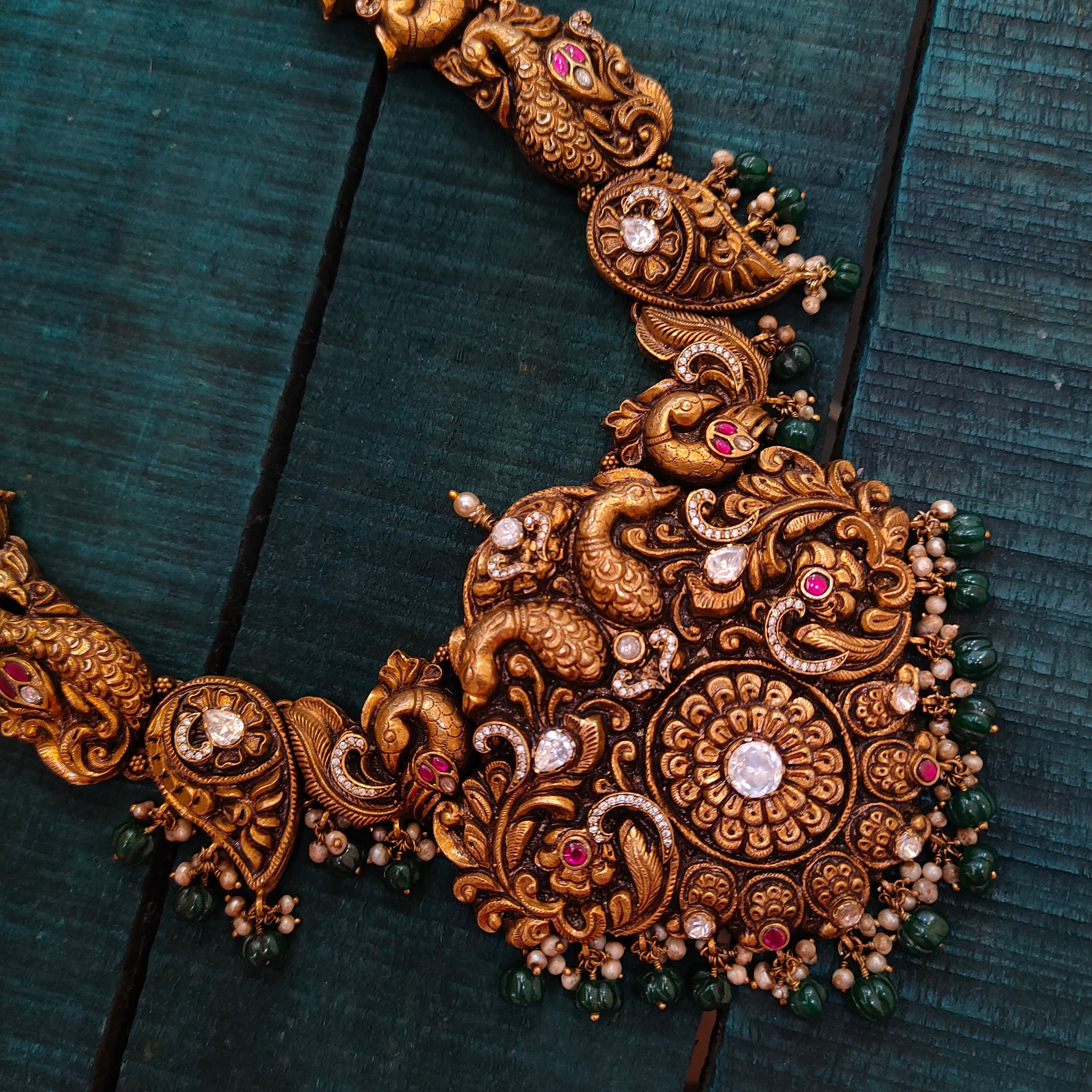 925 Silver Gold Plated Flower with Peacock Haram -1432
