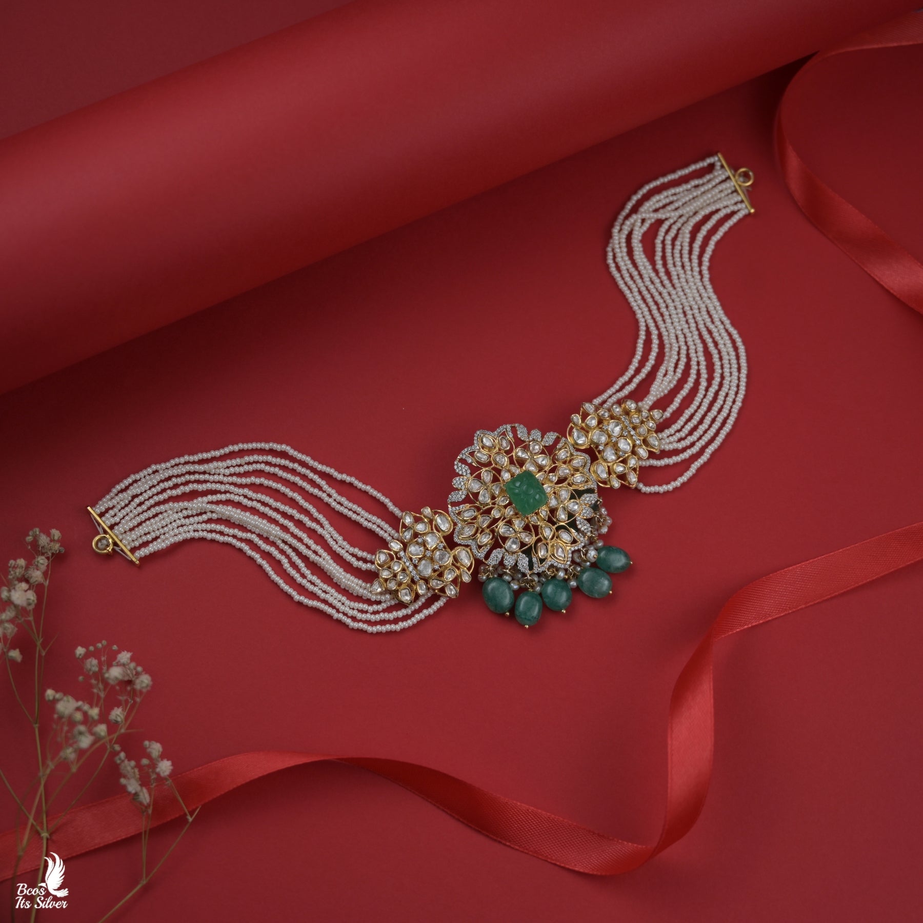 925 Silver Gold Plated Polki Choker - 1336