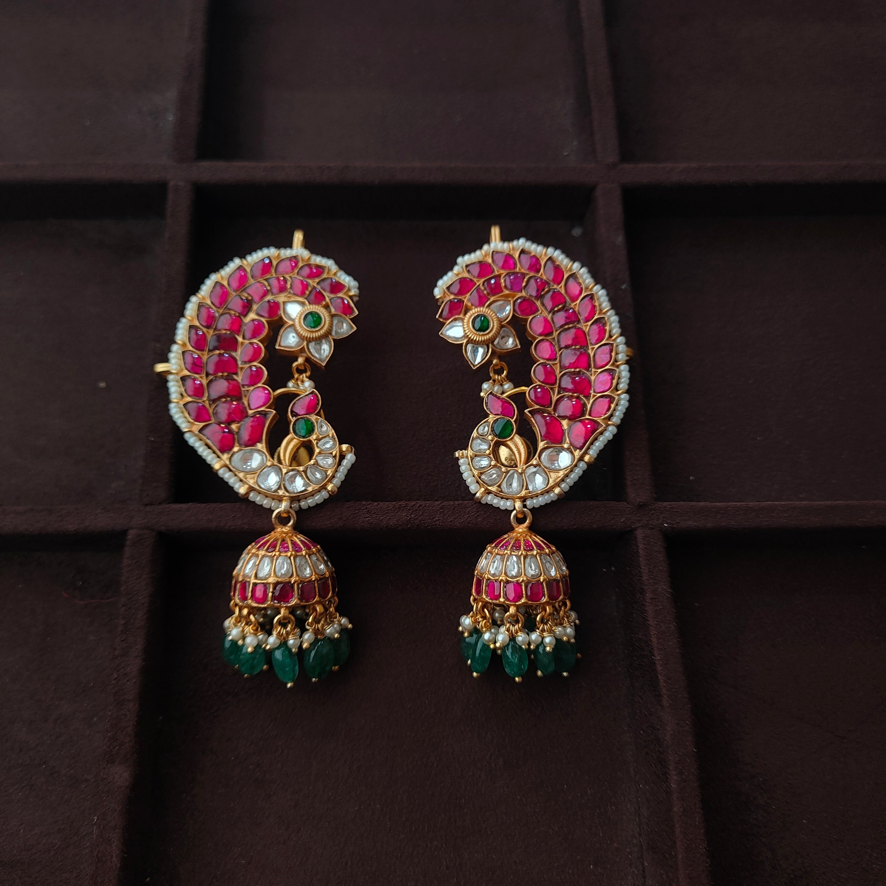 925 Silver Kundan Peacock Earcuff Jhumka - 0043