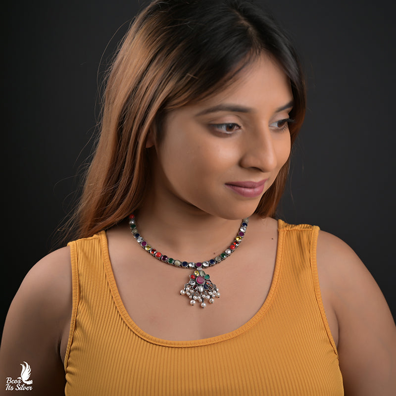 925 Silver Navaratna Necklace- 4408