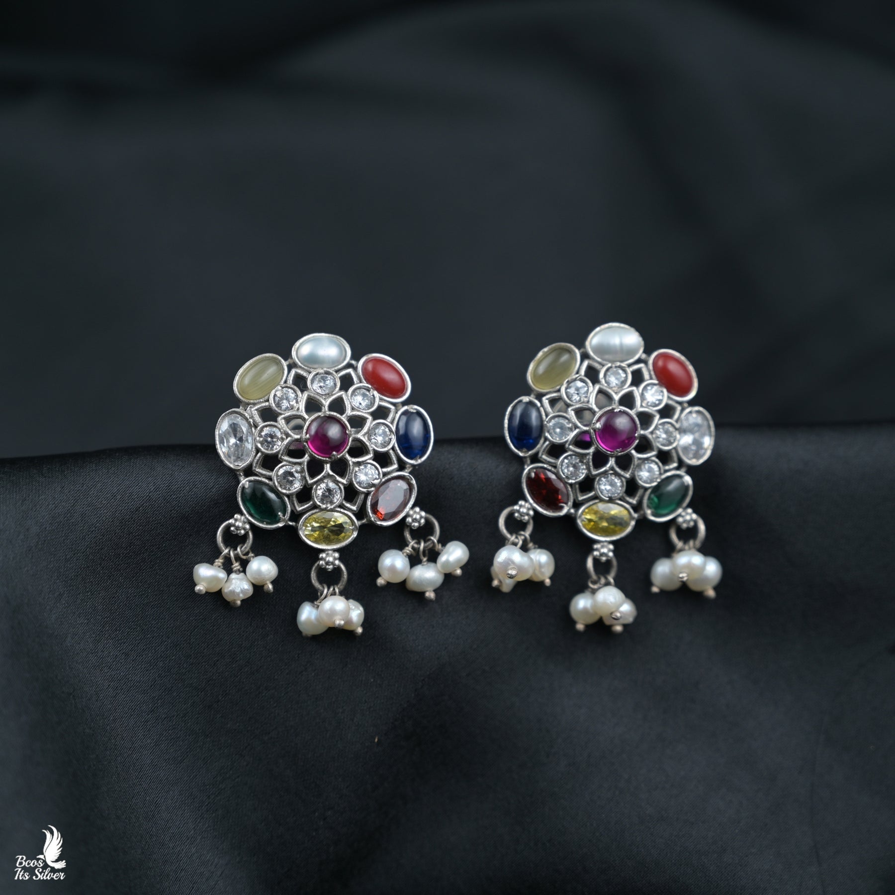 925 Silver Oxidized Navaratna Earstud- 4471