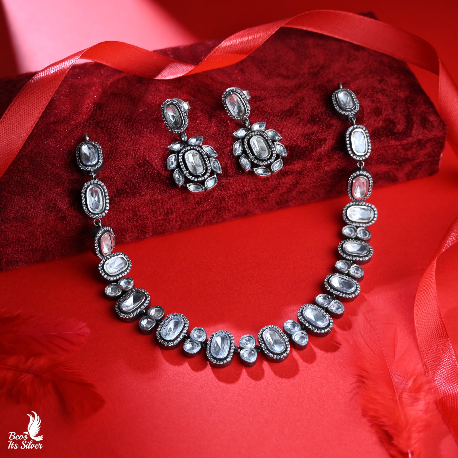 925 Silver Oxidized Polki Neckpiece - 3009