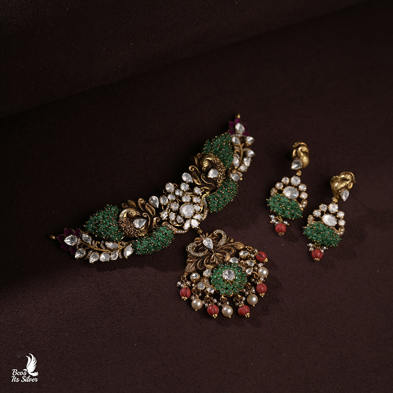 925 Silver Peacock Choker with earring - 0150