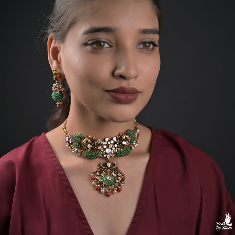 925 Silver Peacock Choker with earring - 0150