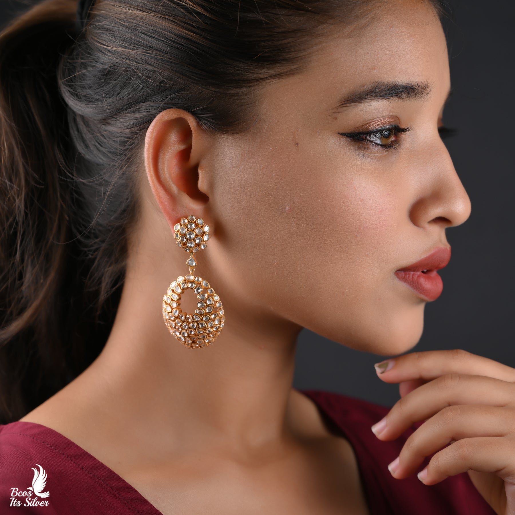 925 Silver Polki Earring - 3408