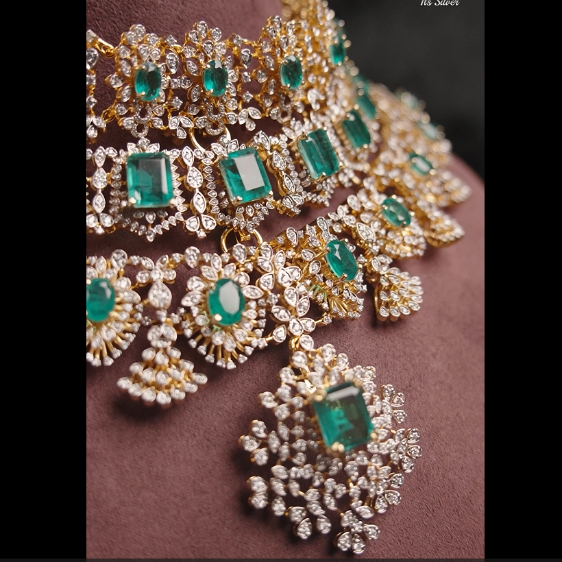 925 Silver Theia Diamond Look Emerald choker- 1052