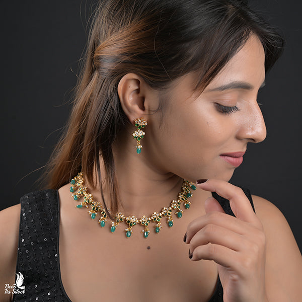 925 Gold Plated Flower Necklace with Earring- 1081