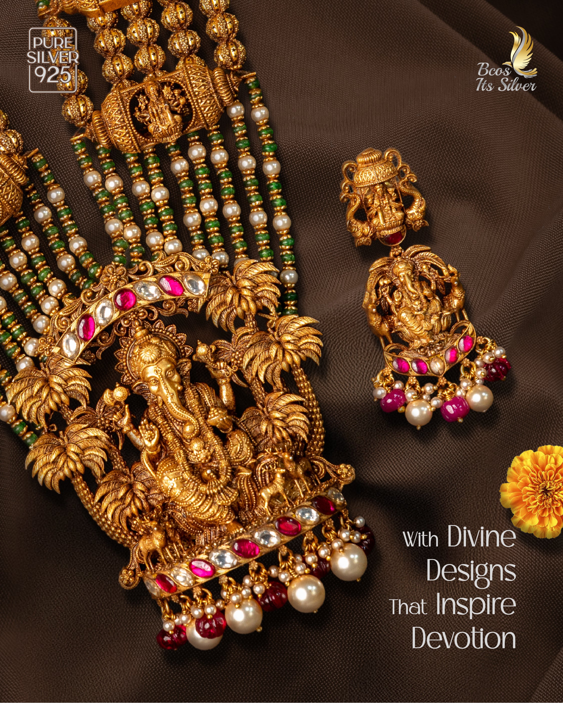 925 Silver Antique Ganesha Haram Set -5601