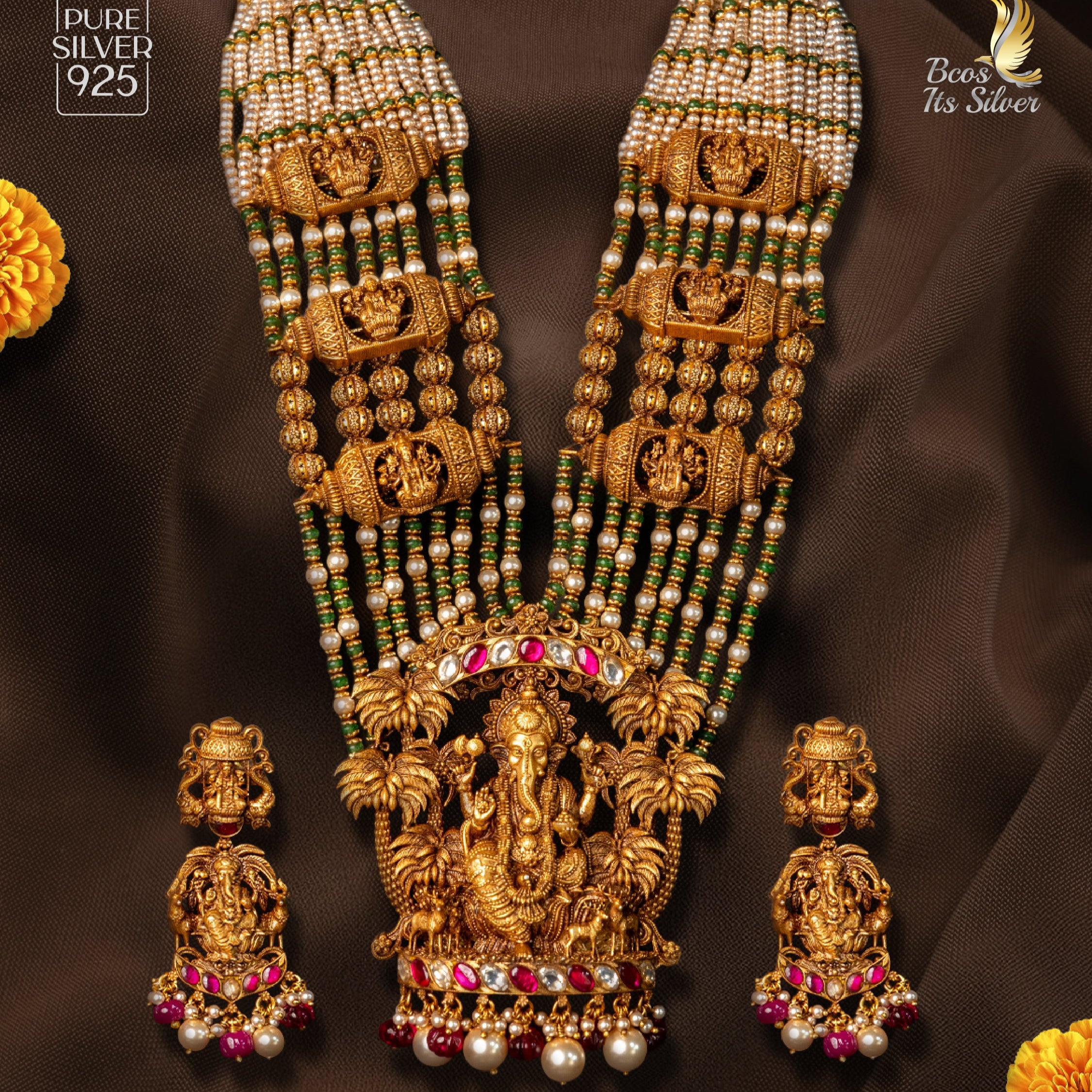 925 Silver Antique Ganesha Haram Set -5601