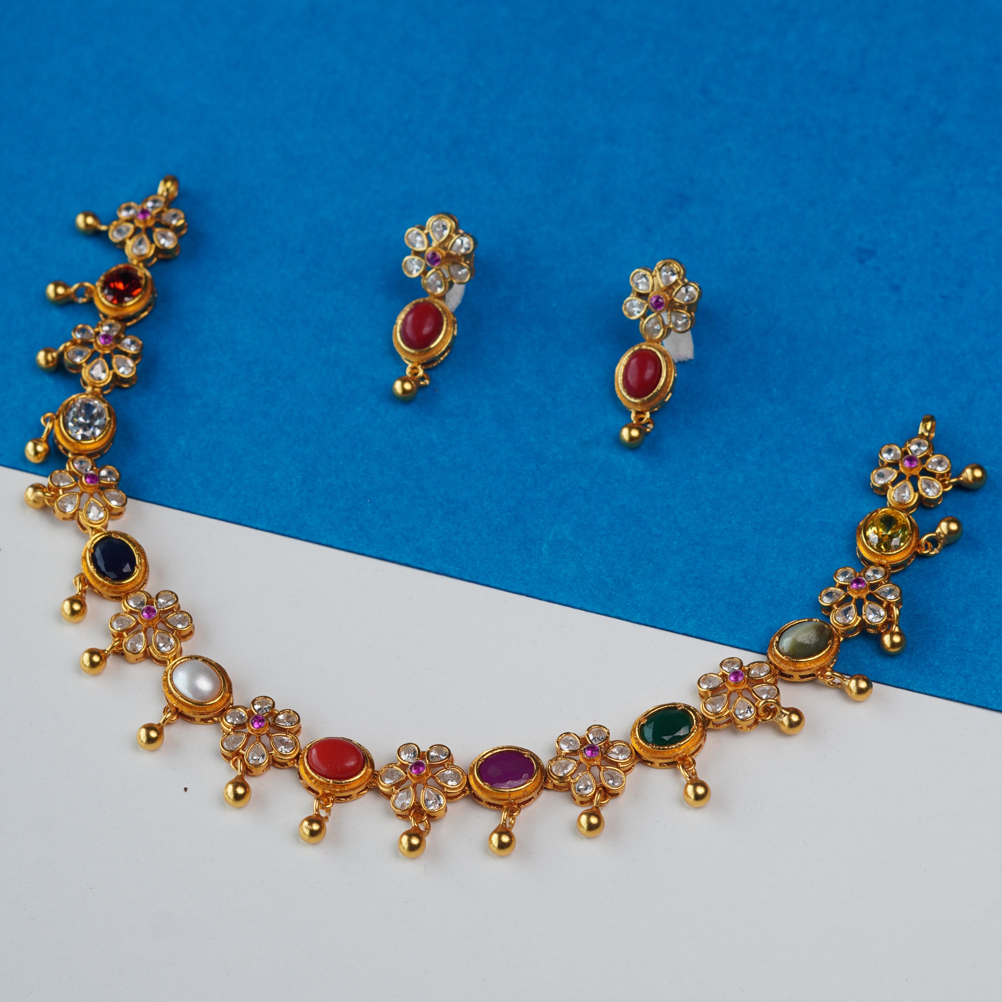 925 Gold Plated Navaratna Necklace with Earring-1208