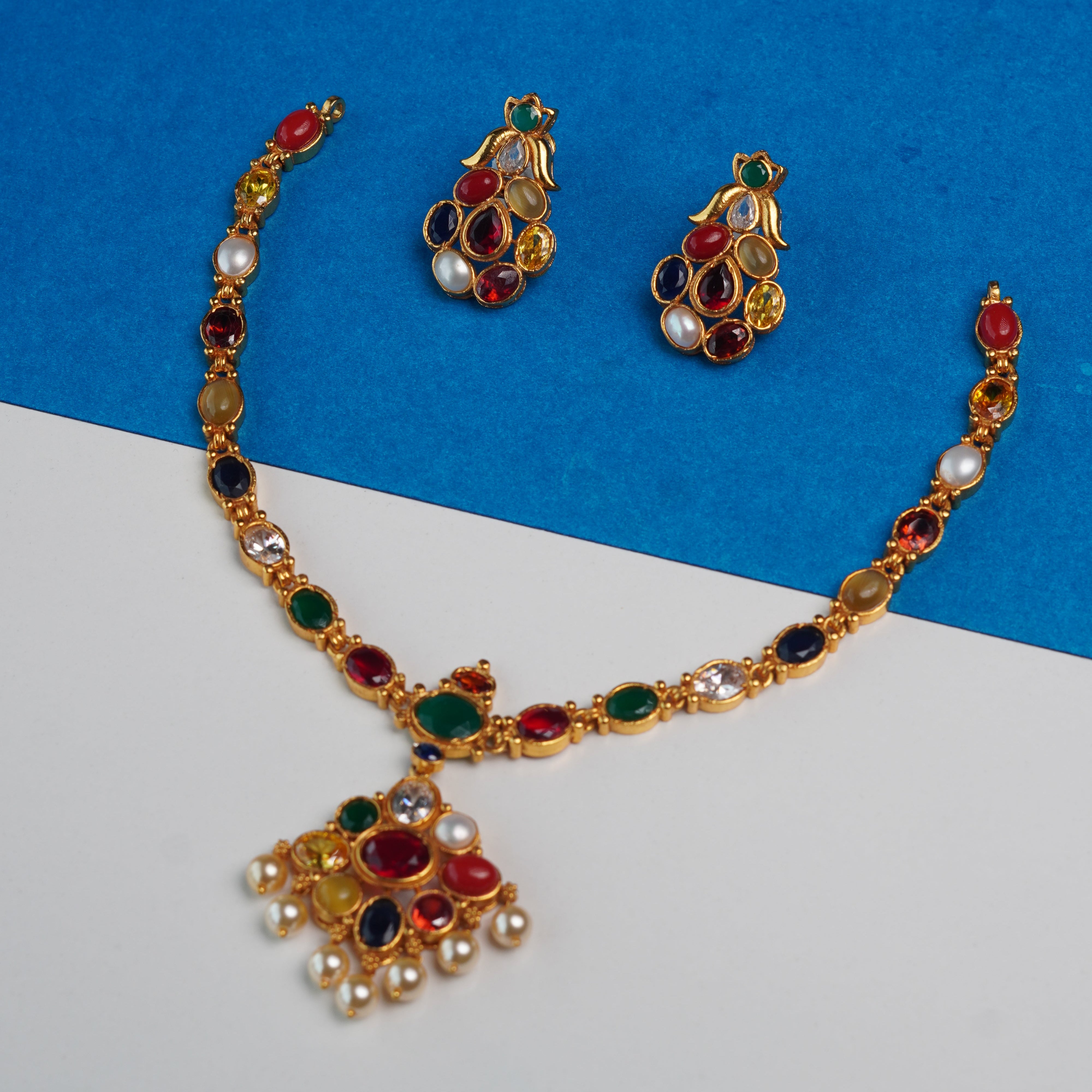 925 Silver Navaratna Necklace with Earring-1206