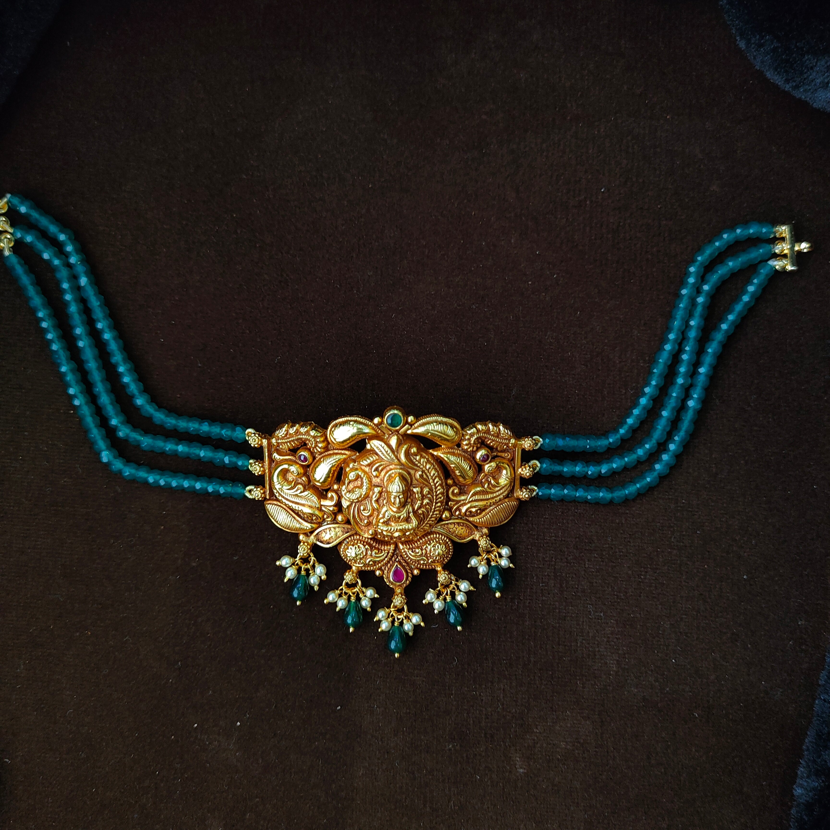925 Silver Gold Plated Lakshmi Beads Choker- 5627