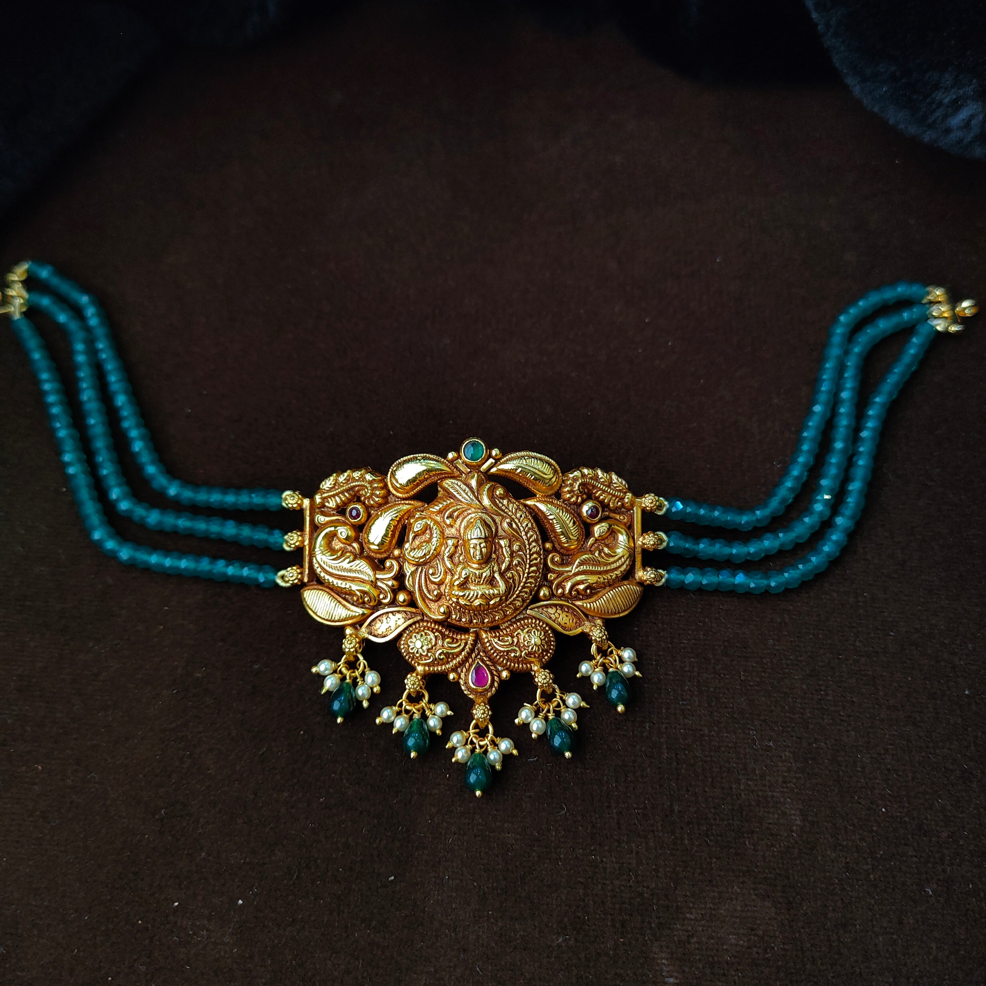 925 Silver Gold Plated Lakshmi Beads Choker- 5627