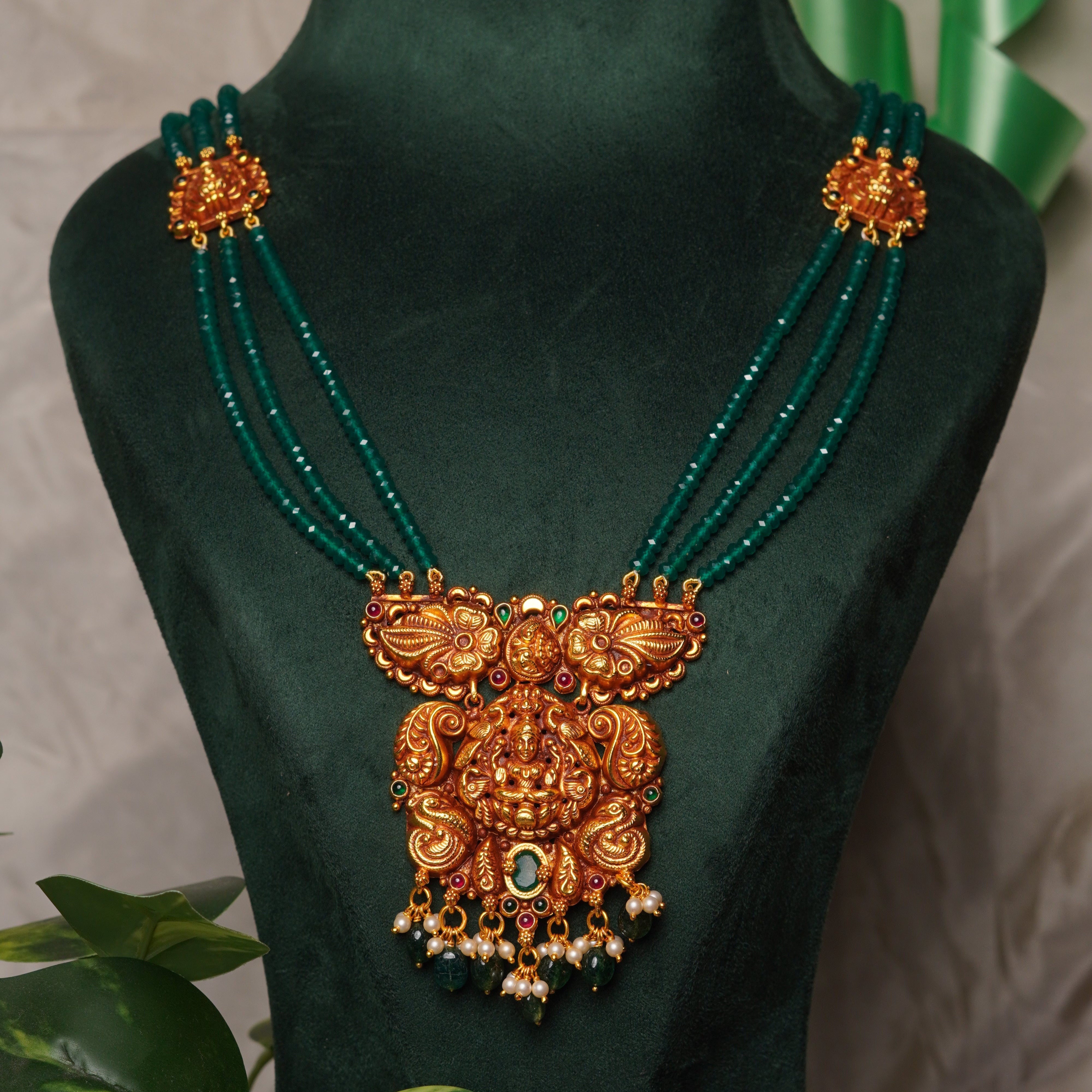 925 Silver Gold Plated Nakshi Beads Haram -1213