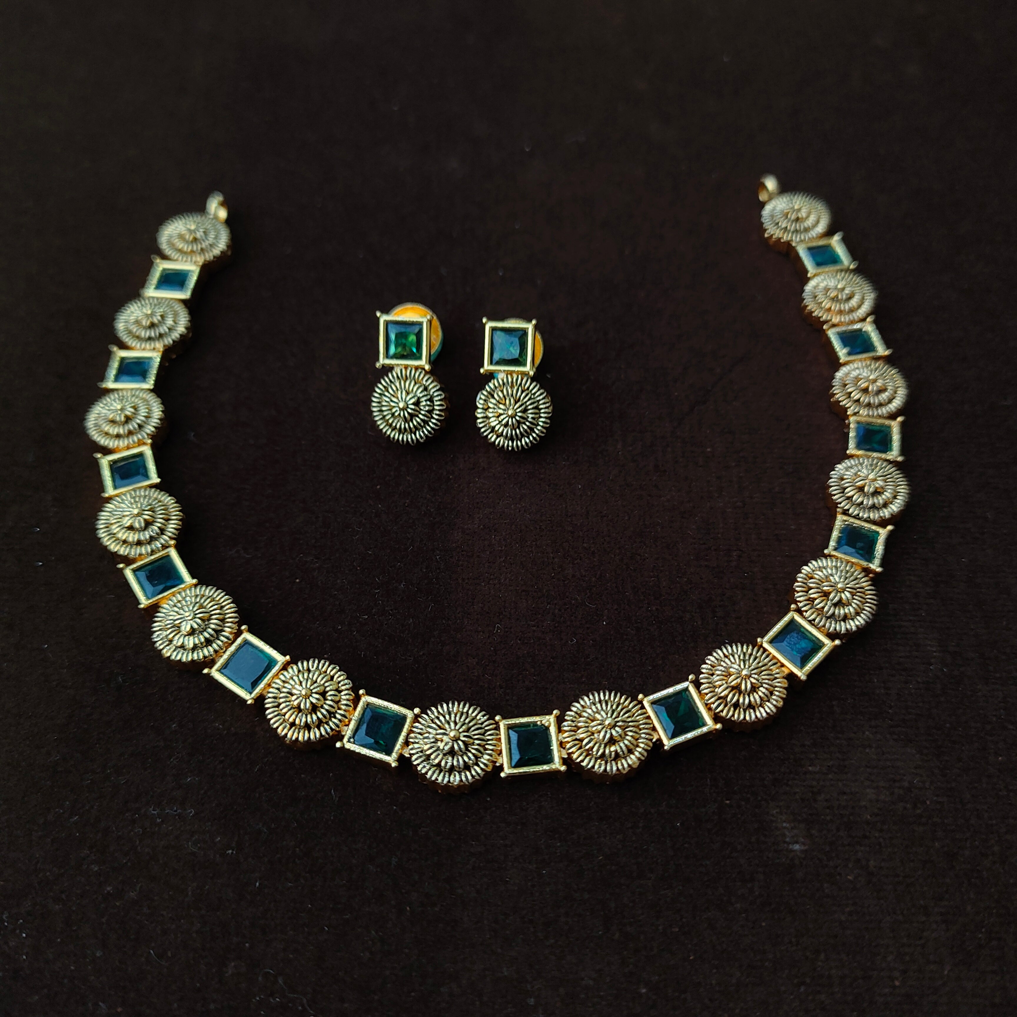 925 Silver Gold Plated Square Floral Necklace Set-5589