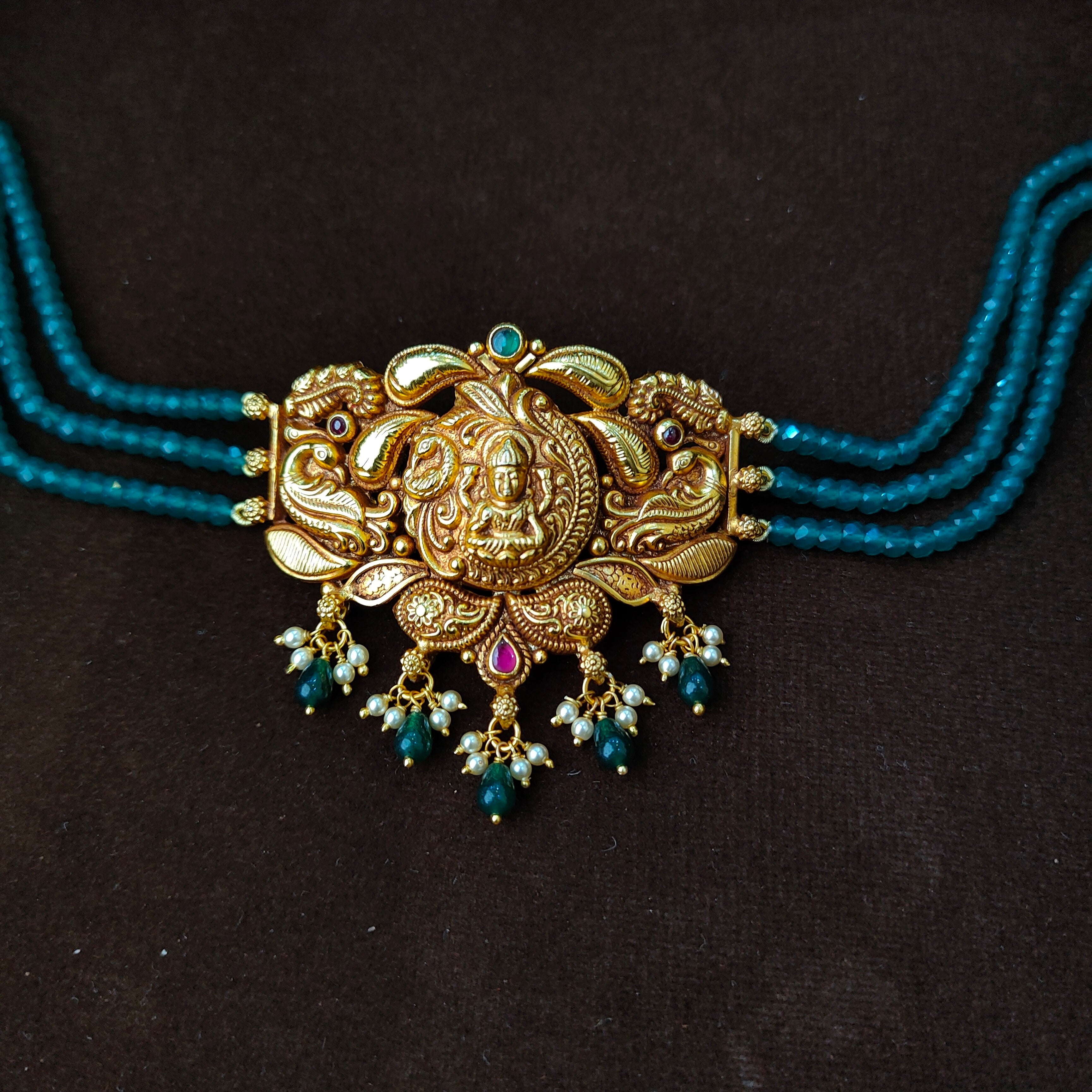 925 Silver Gold Plated Lakshmi Beads Choker- 5627