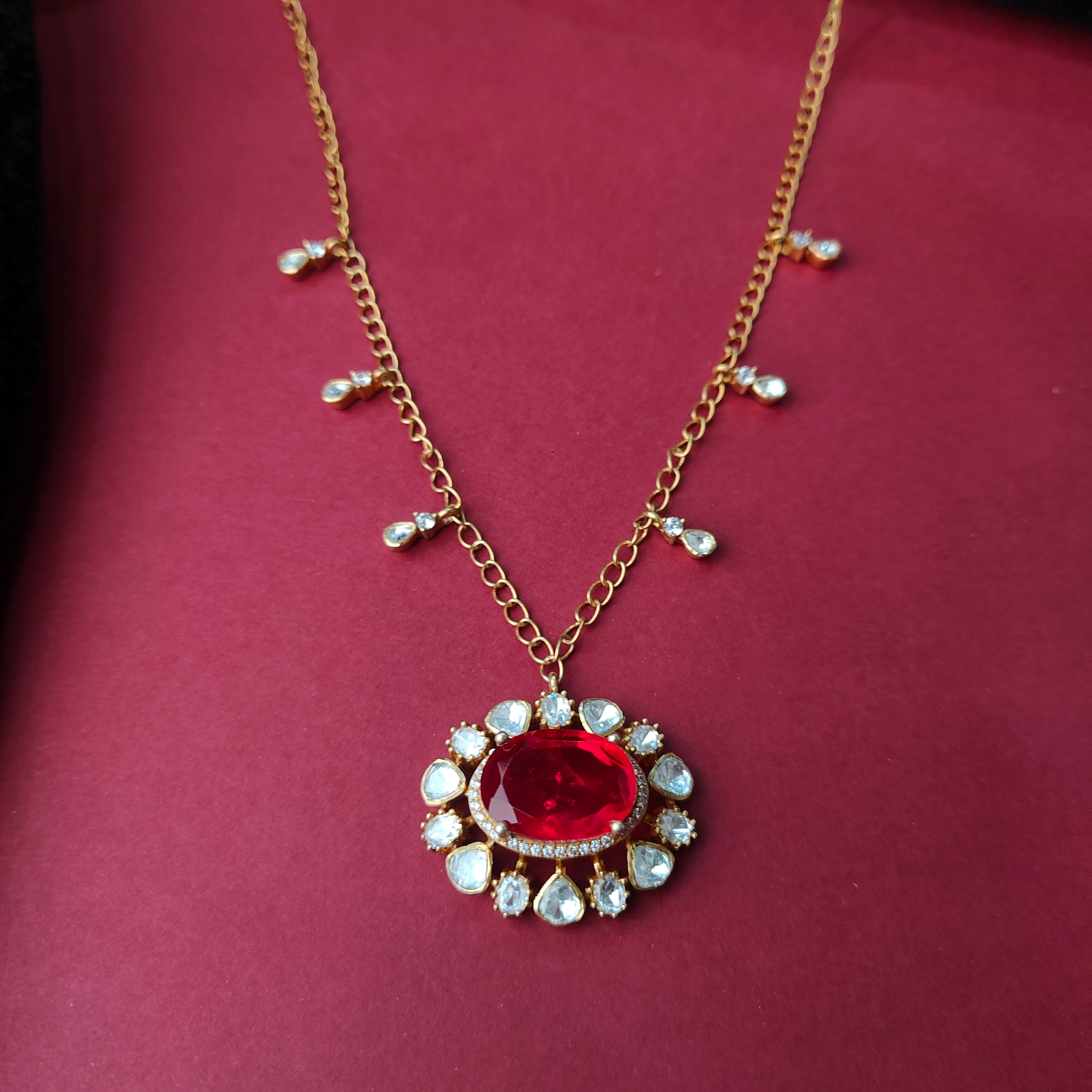 925 Silver Gold plated Polki Pendant with Chain set-1387