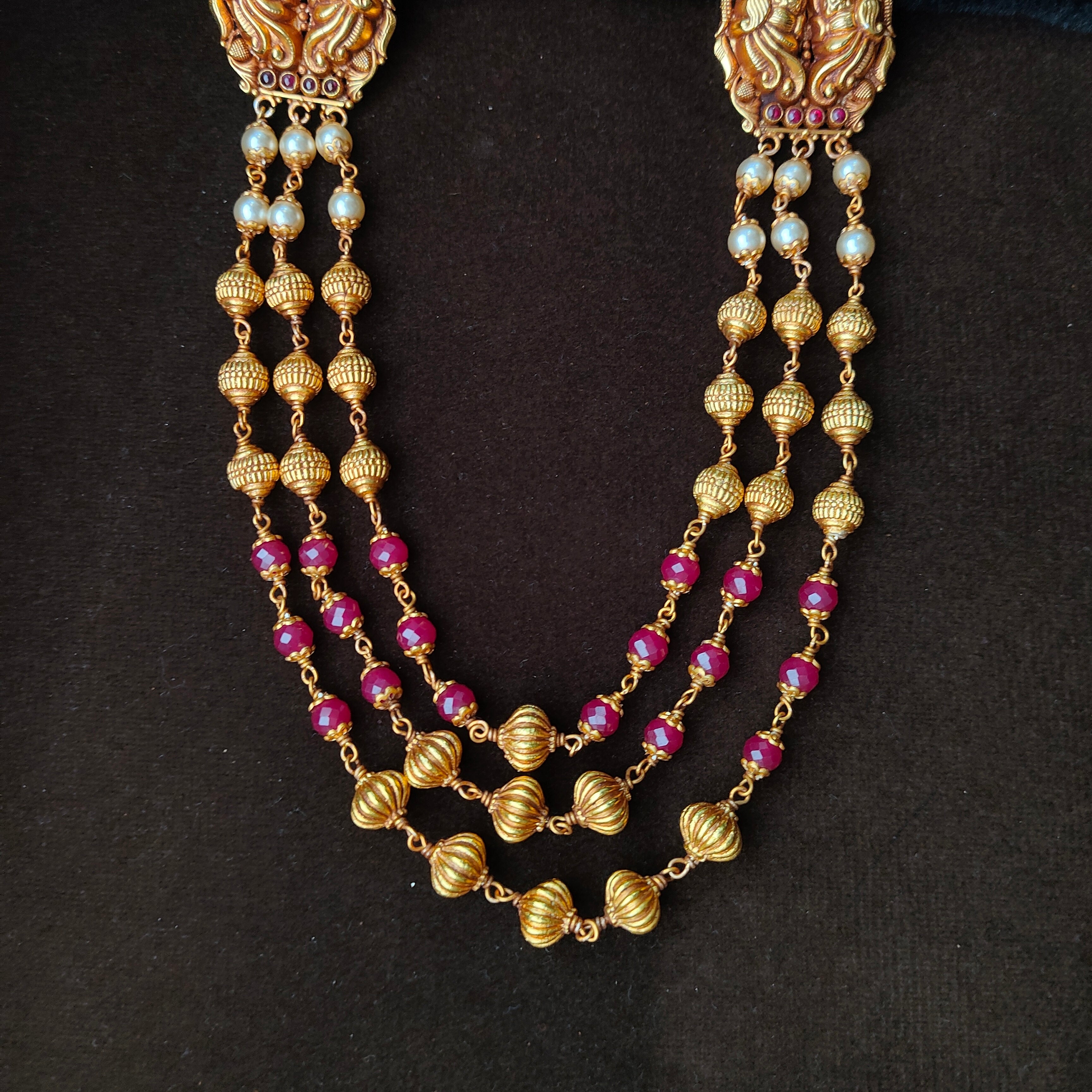 925 Silver Gold Plated Nakshi Short Haram -0043