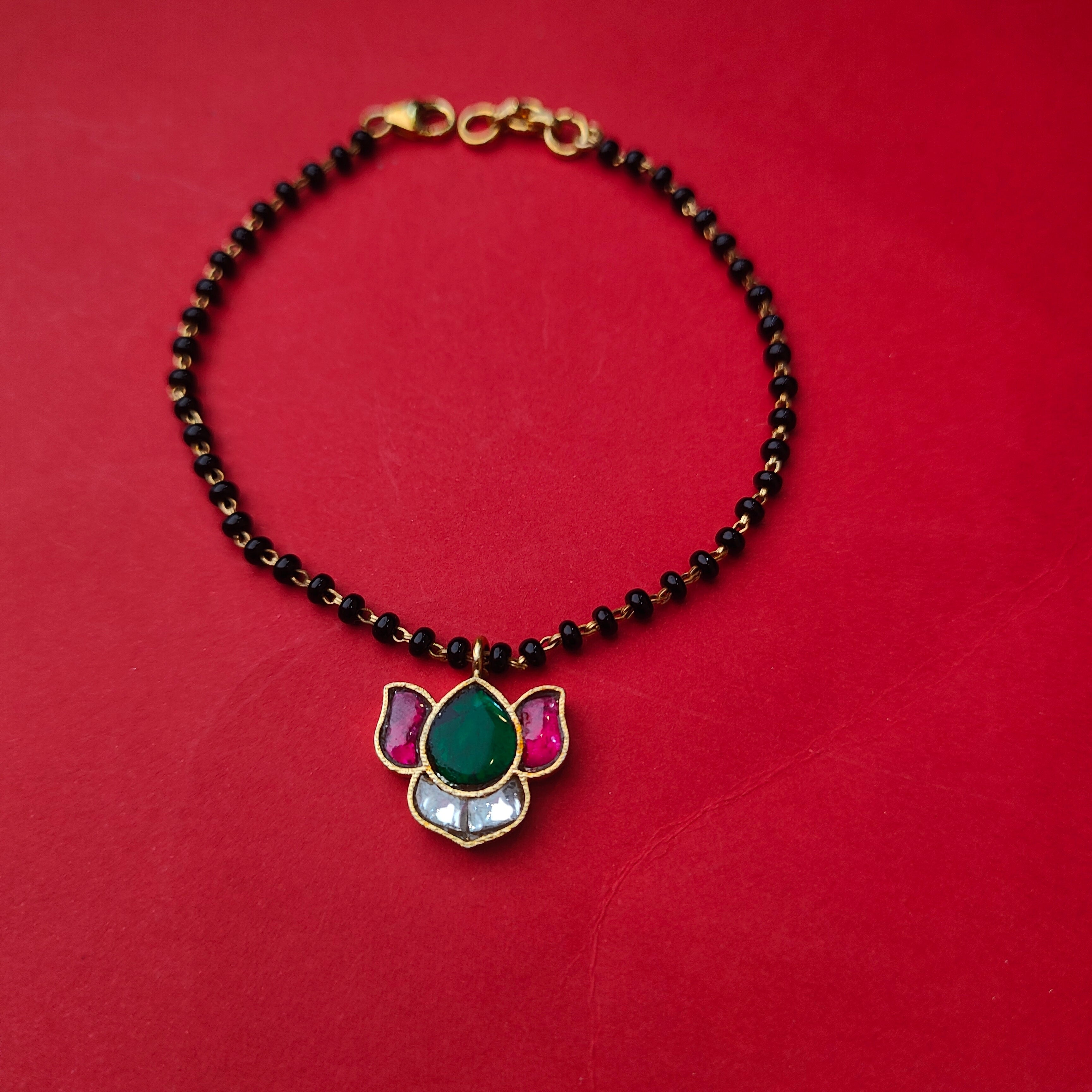 925 Silver Black bead Kundan Lotus Bracelet -5718