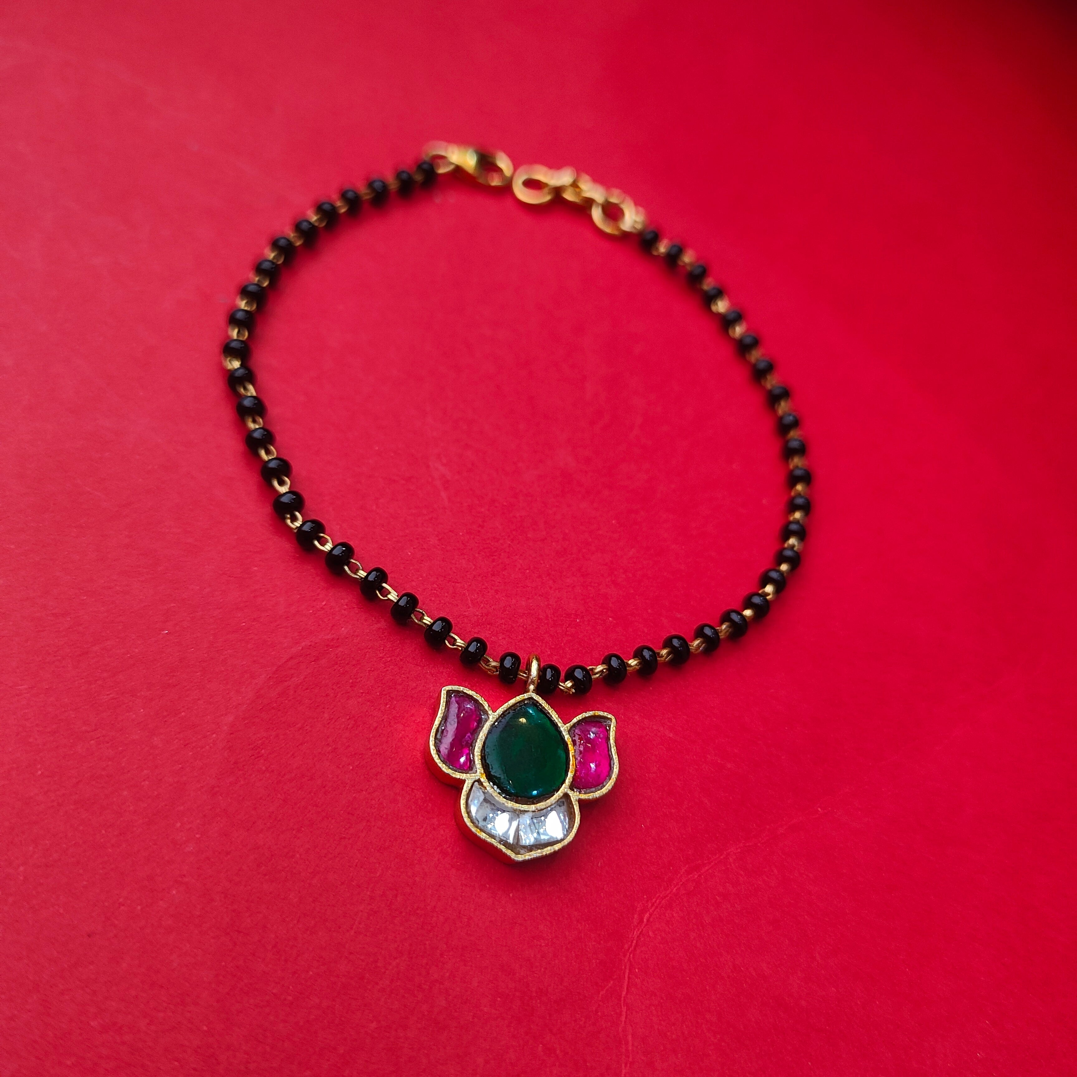 925 Silver Black bead Kundan Lotus Bracelet -5718