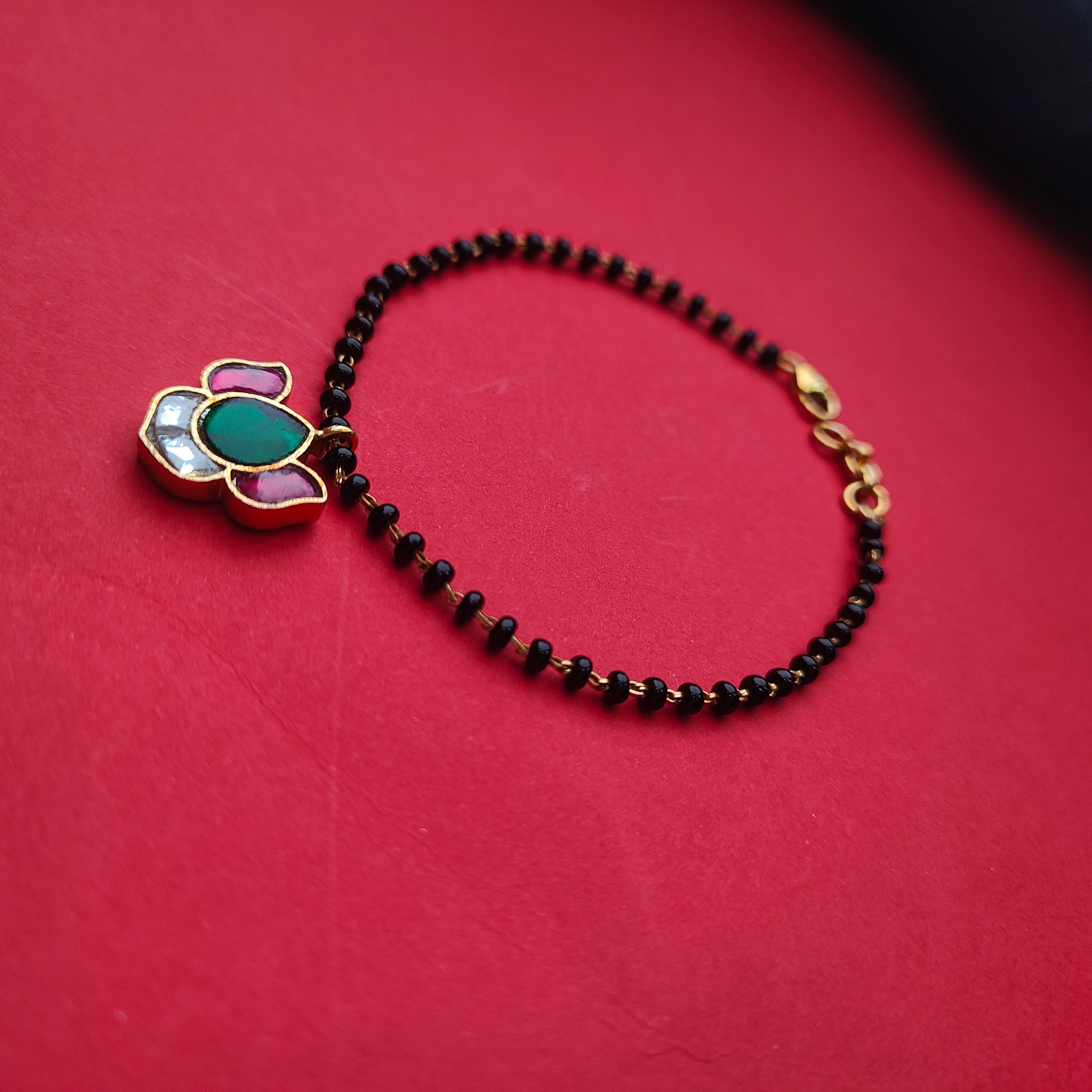 925 Silver Black bead Kundan Lotus Bracelet -5718