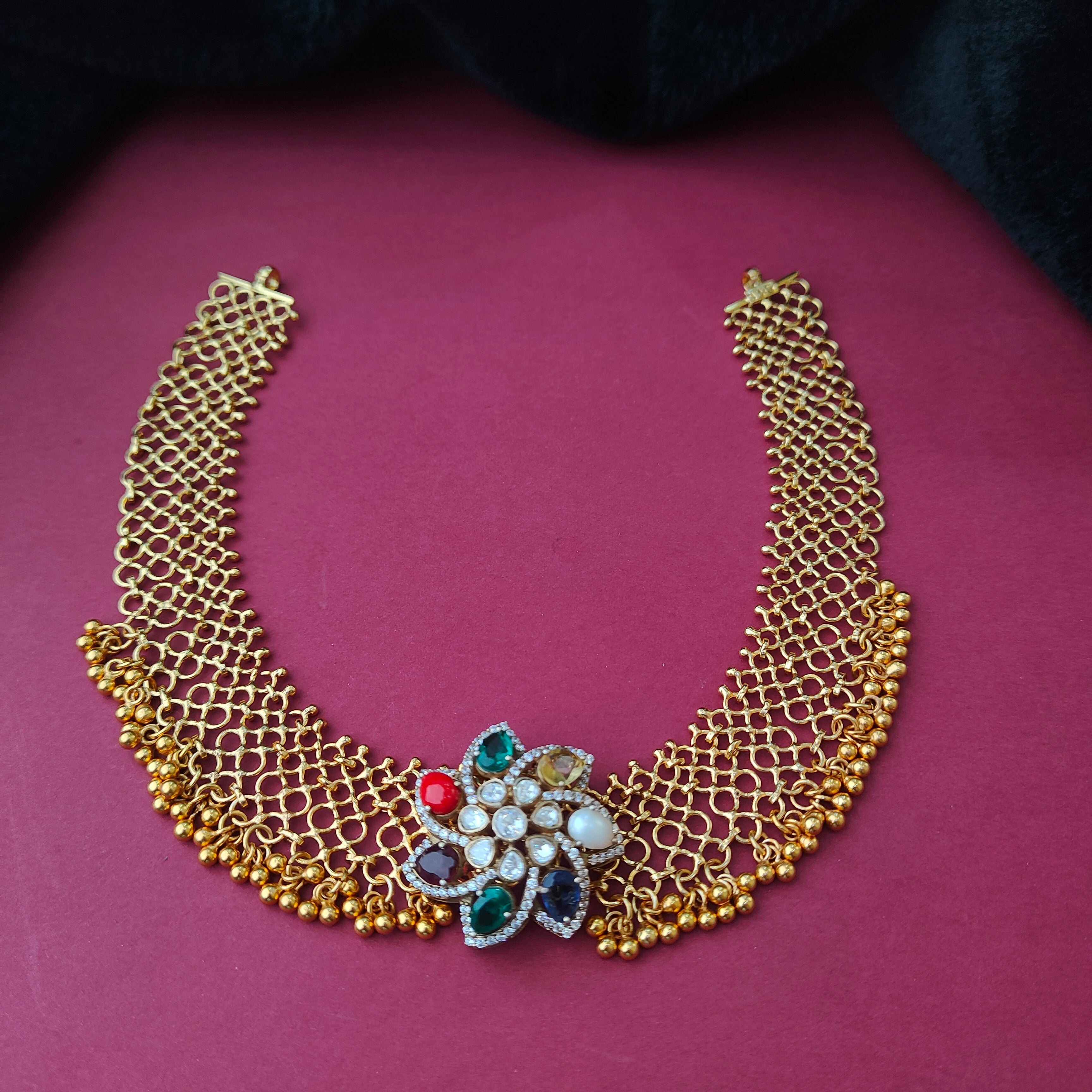 925 Silver Gold Plated Navaratna Mesh Necklace -0042
