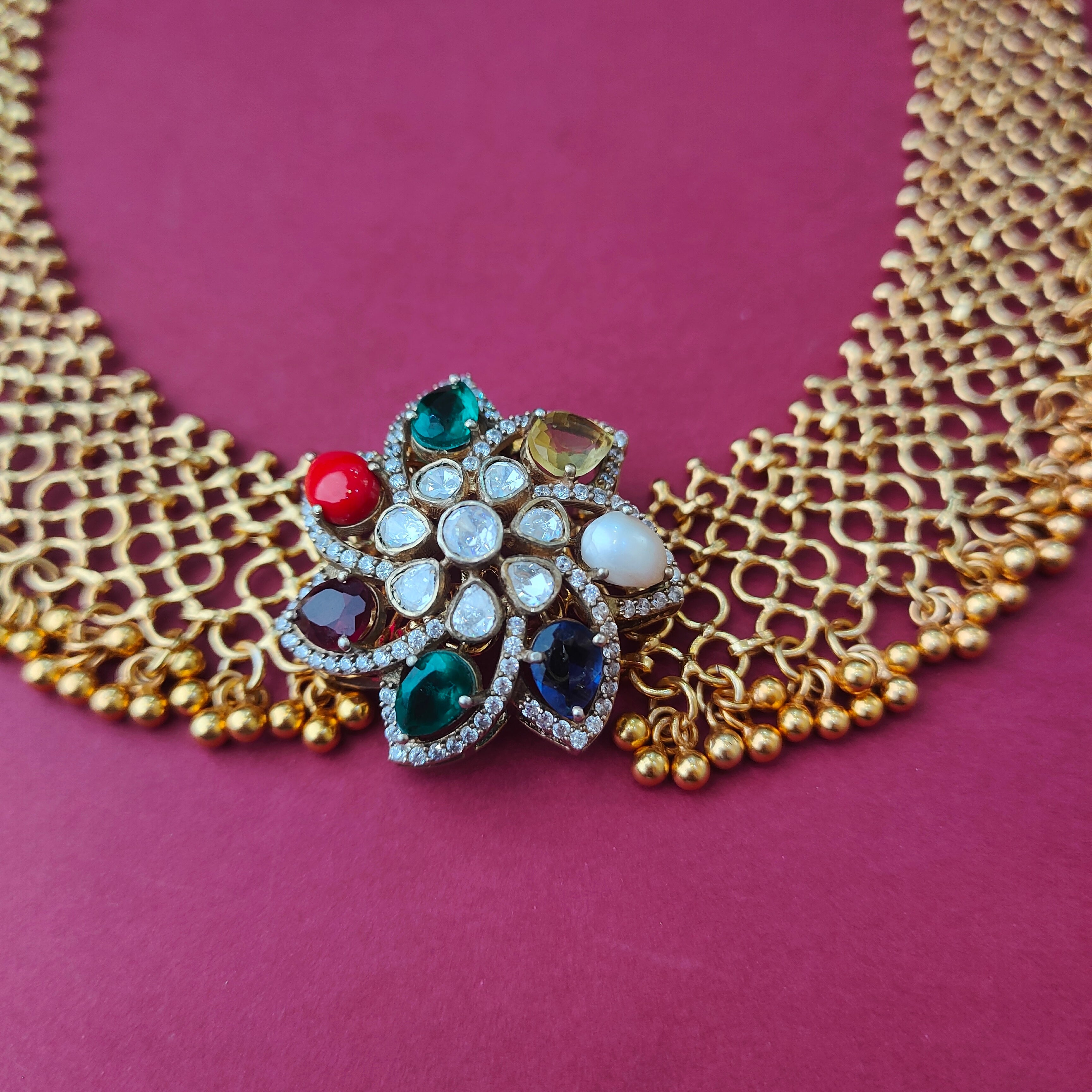 925 Silver Gold Plated Navaratna Mesh Necklace -0042