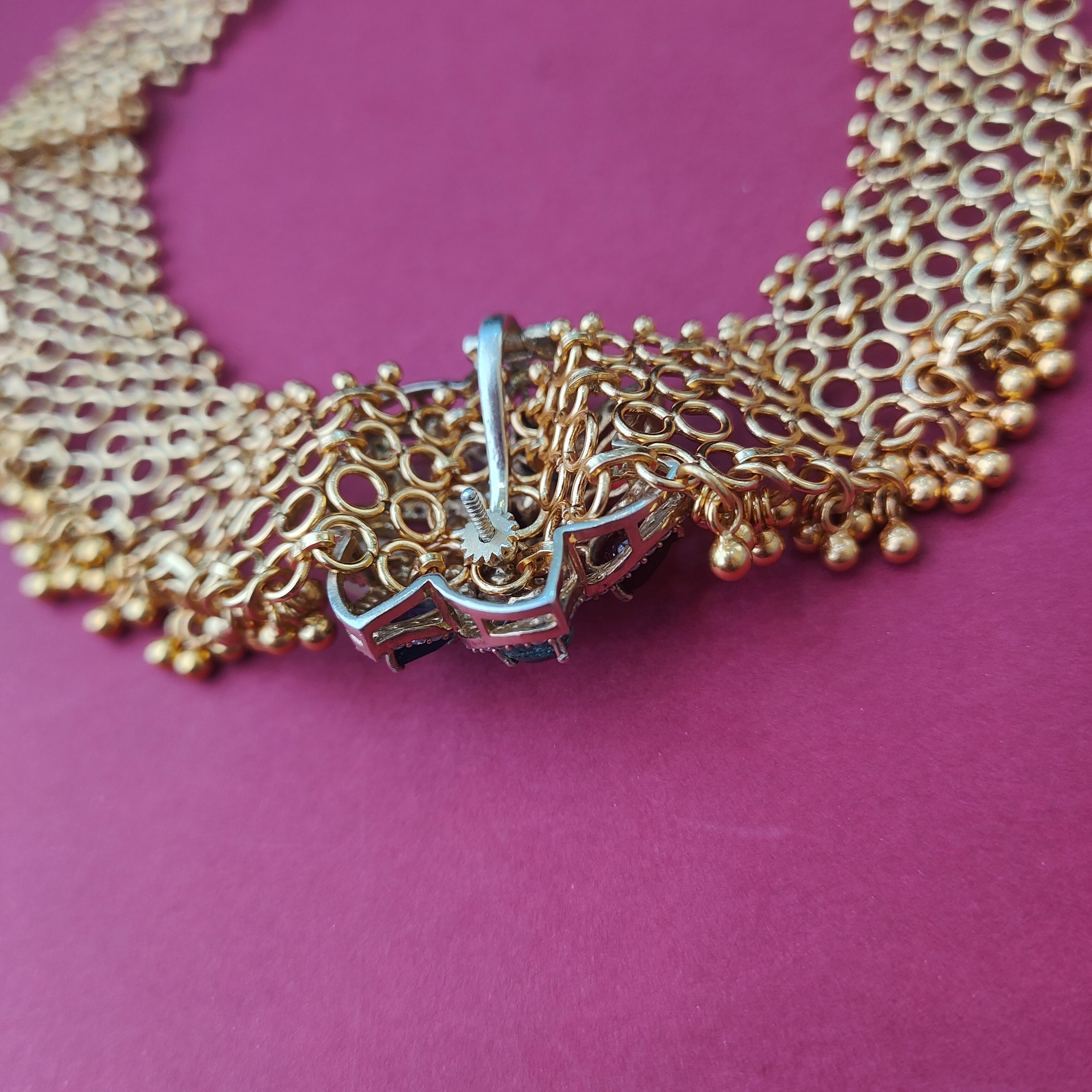 925 Silver Gold Plated Navaratna Mesh Necklace -0042