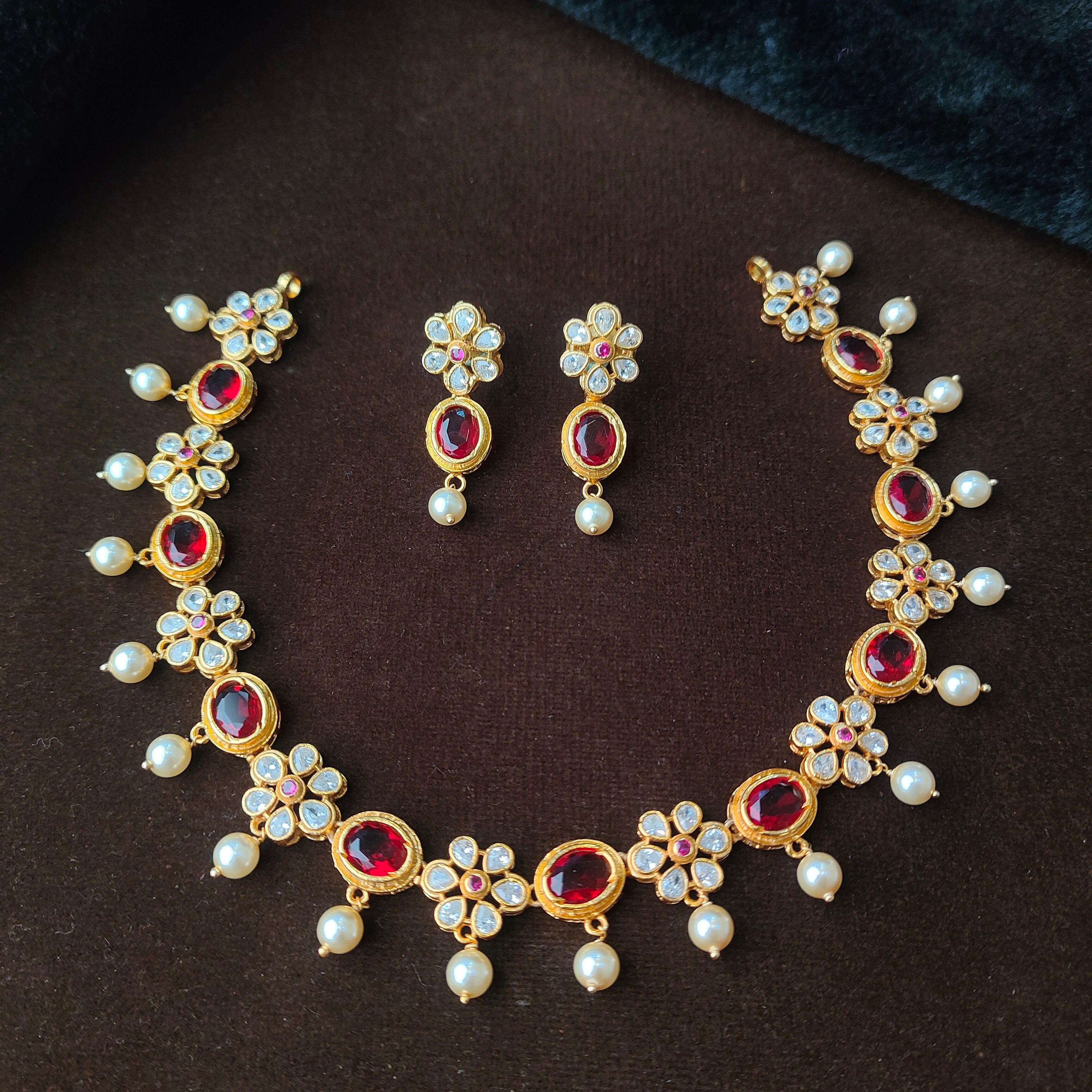 925 Gold Plated Floral Necklace with Earring-0978