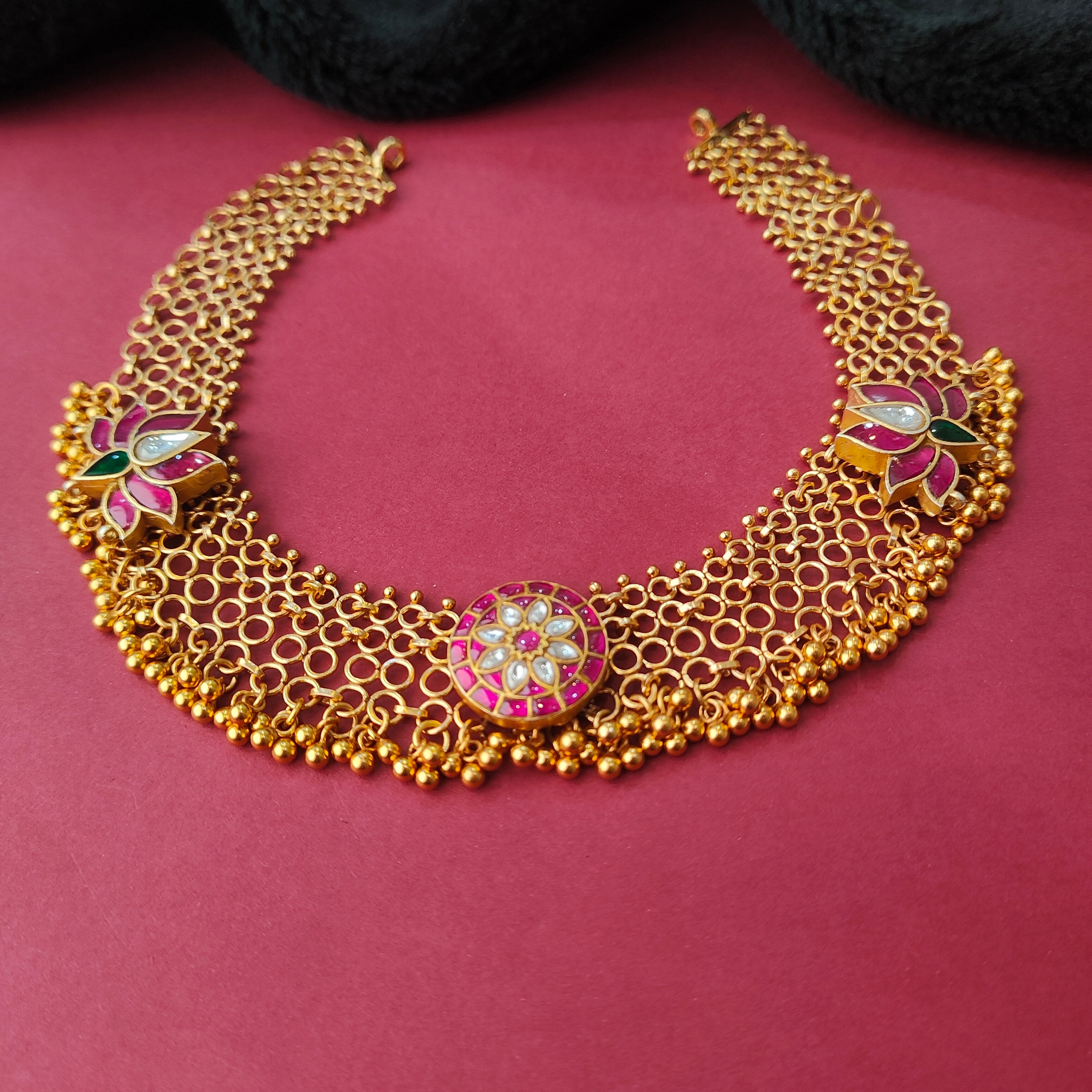 925 Silver Gold Plated Lotus Mesh Necklace -0042