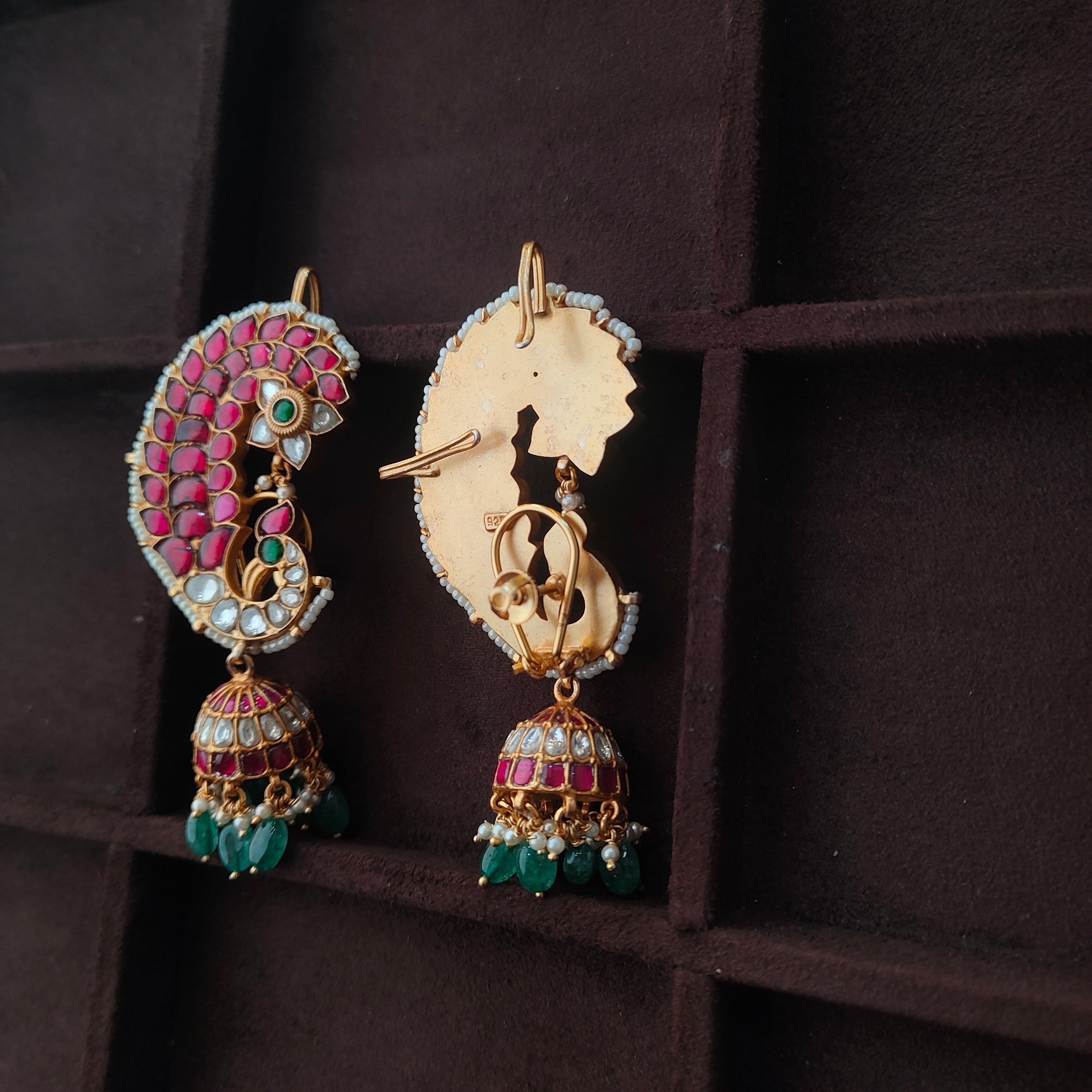 925 Silver Kundan Peacock Earcuff Jhumka - 0043