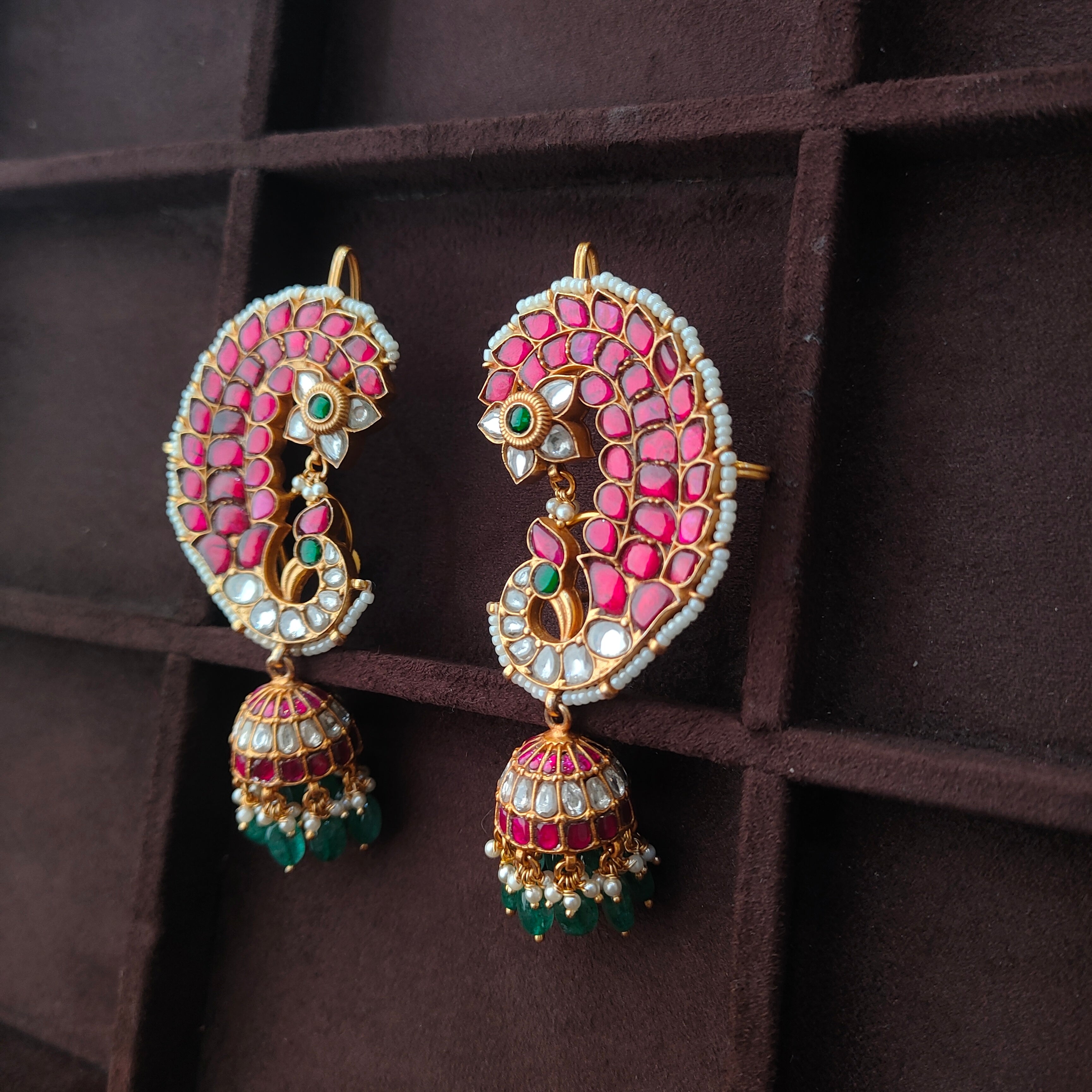 925 Silver Kundan Peacock Earcuff Jhumka - 0043
