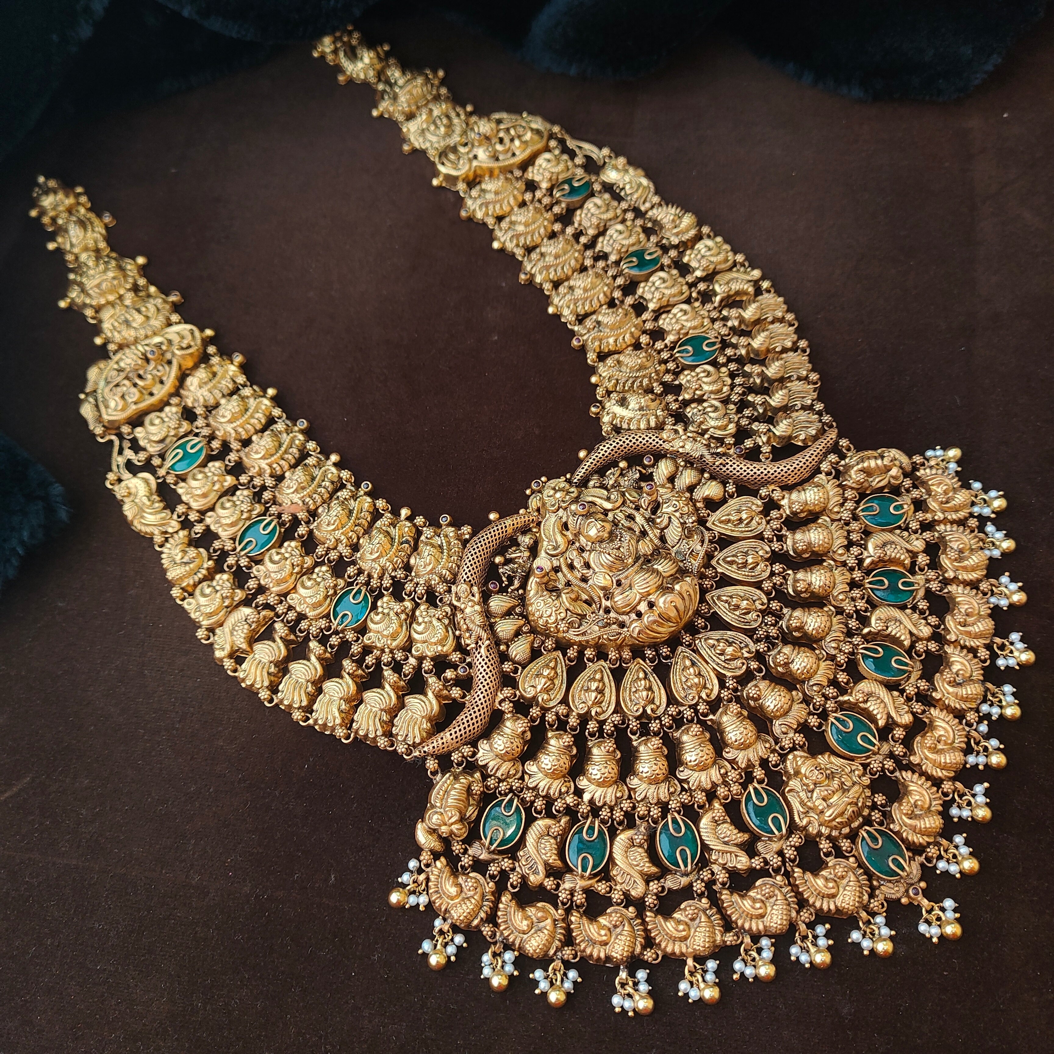 925 Silver Gold Plated Nakshi Bridal Haram-0065