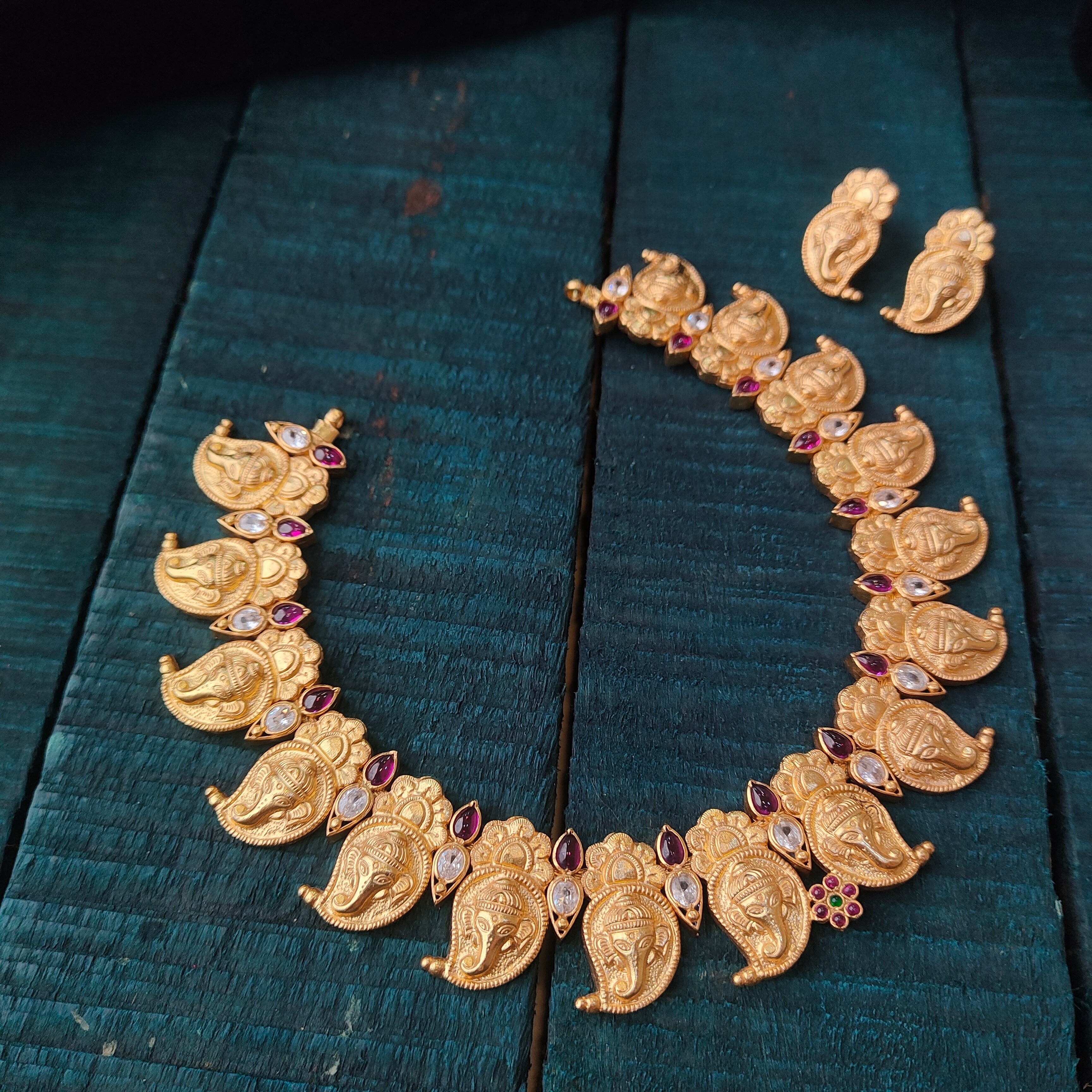 Pure 925 Silver Gold Plated Ganesh Necklace Set -6483