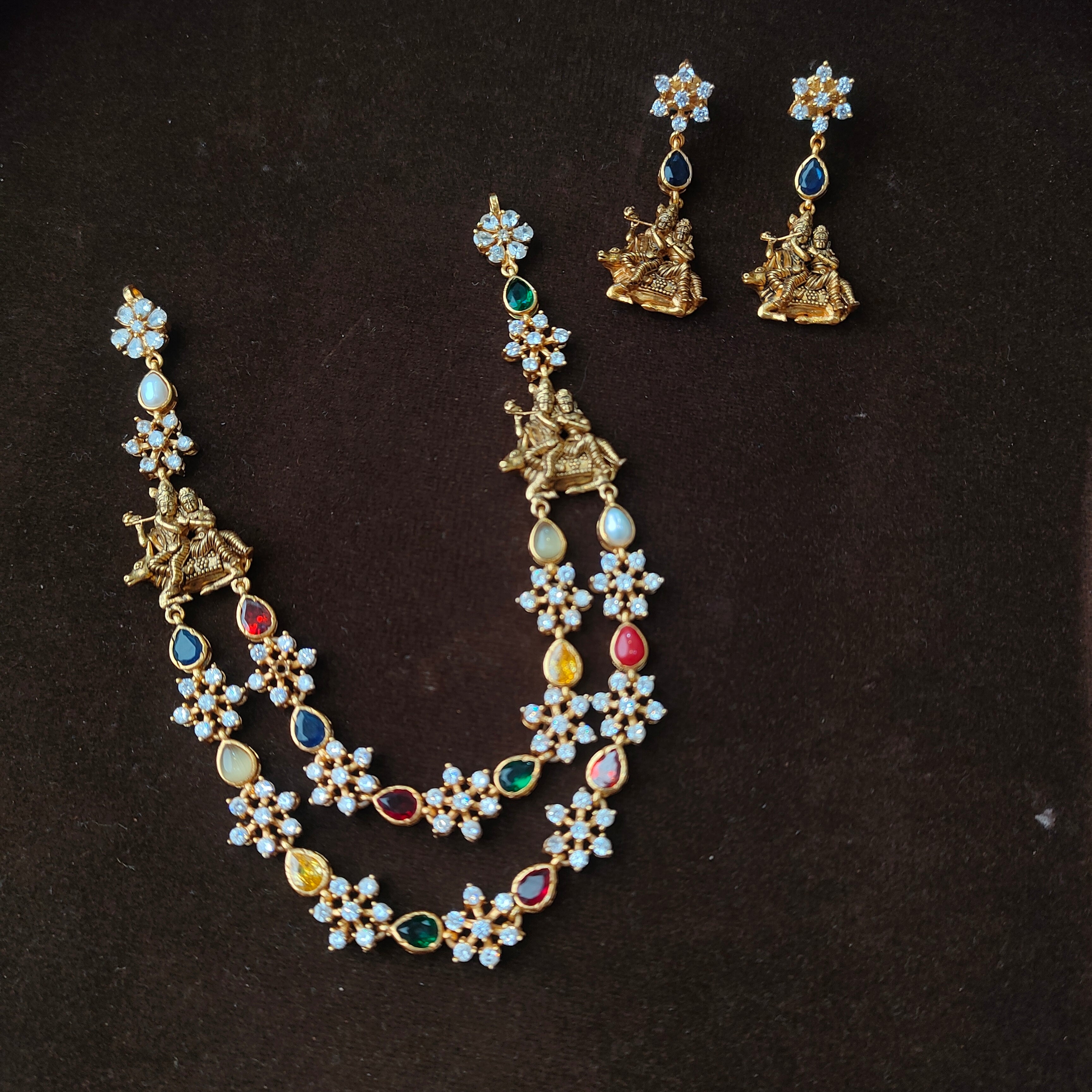 925 Silver Krishna Radha Navaratna Necklace set-1464