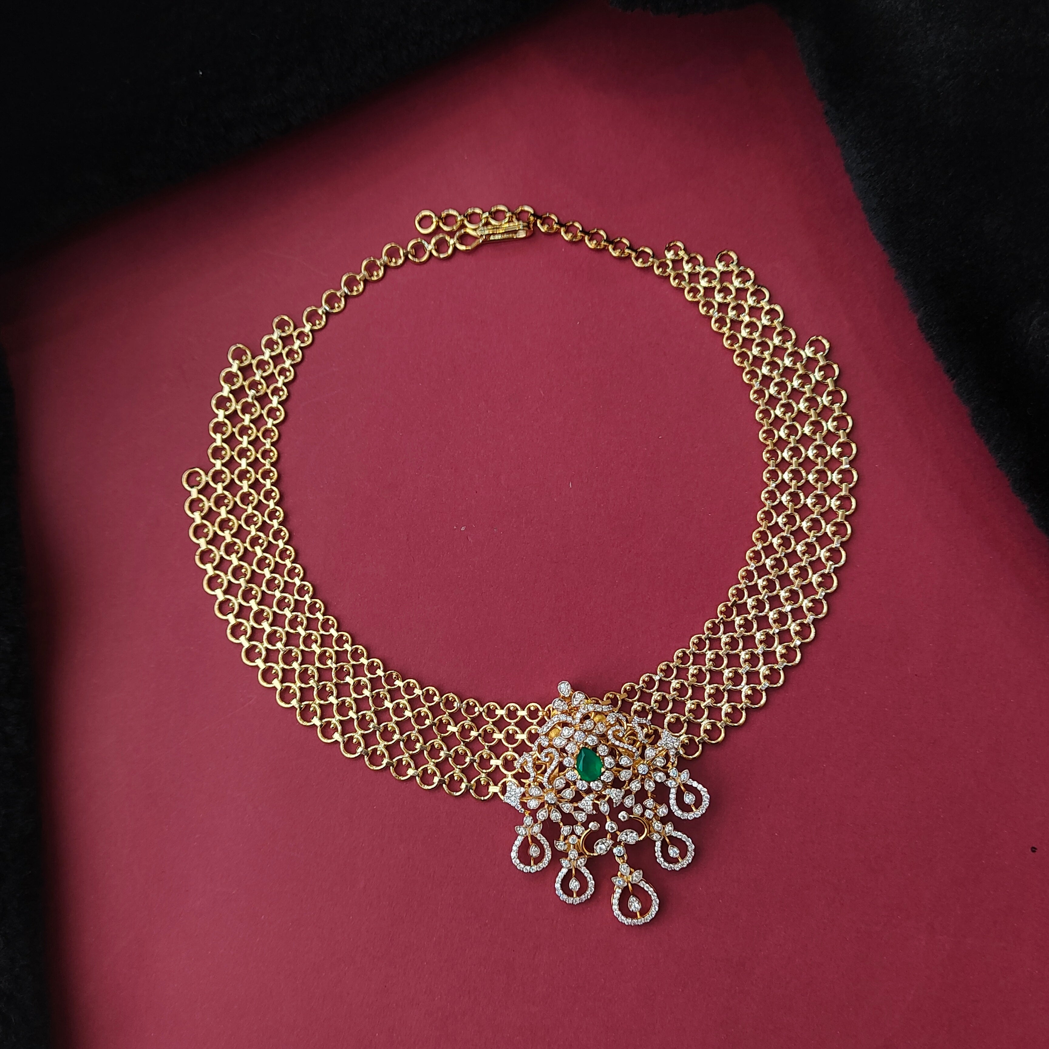 925 Silver Gold Plated Mesh Necklace With Earrings -0199