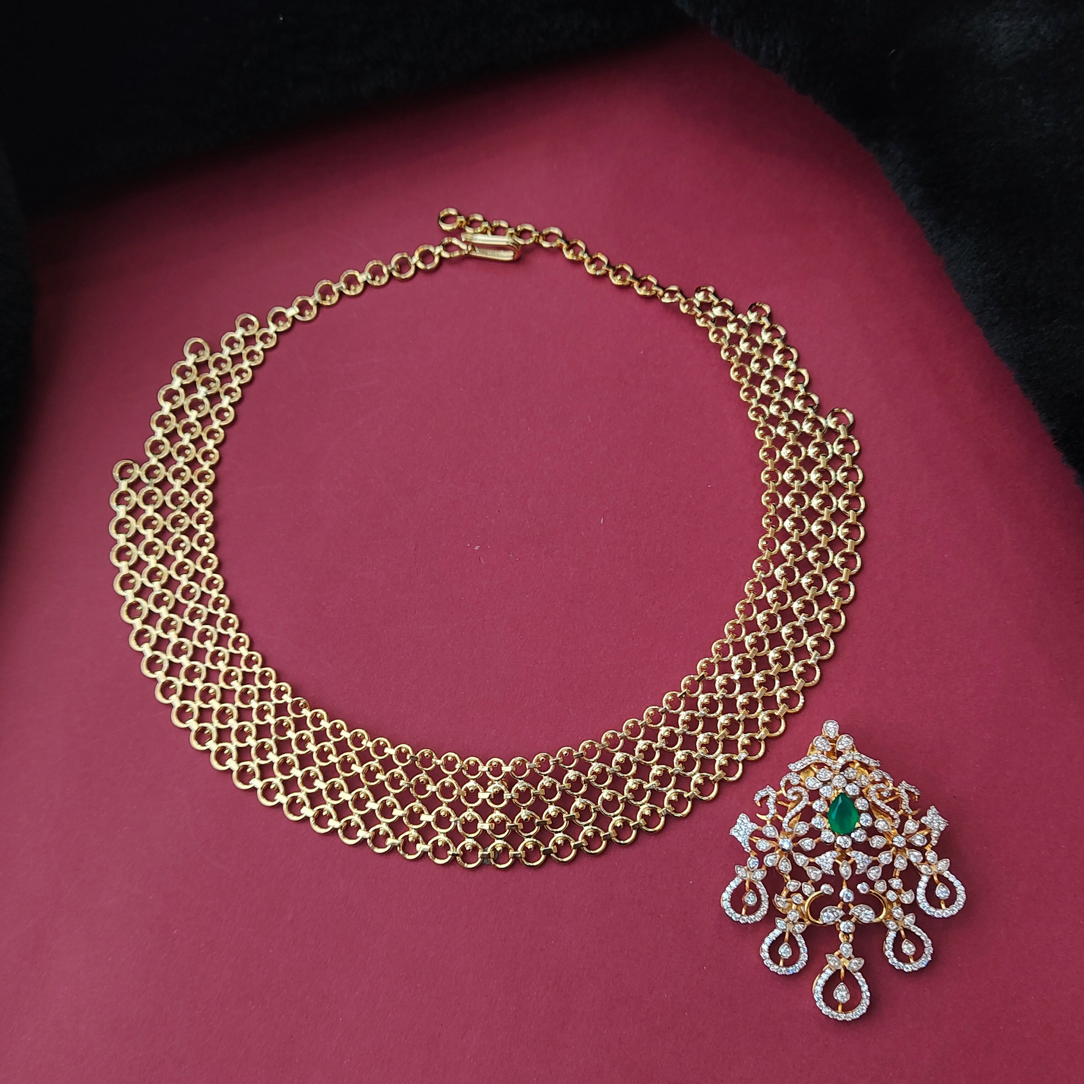 925 Silver Gold Plated Mesh Necklace With Earrings -0199