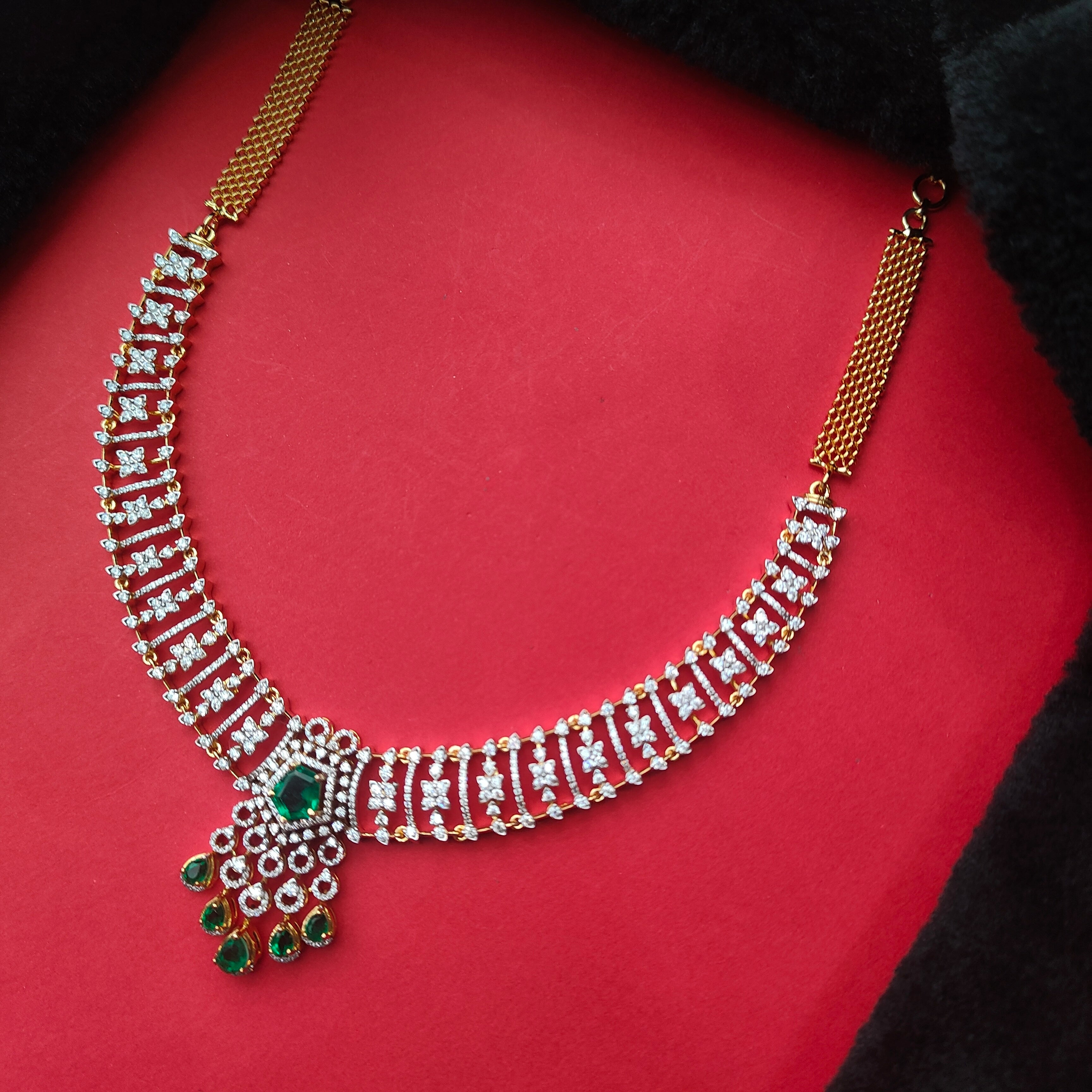 925 Silver Gold Plated Emerald Stone Necklace With Earrings -0200