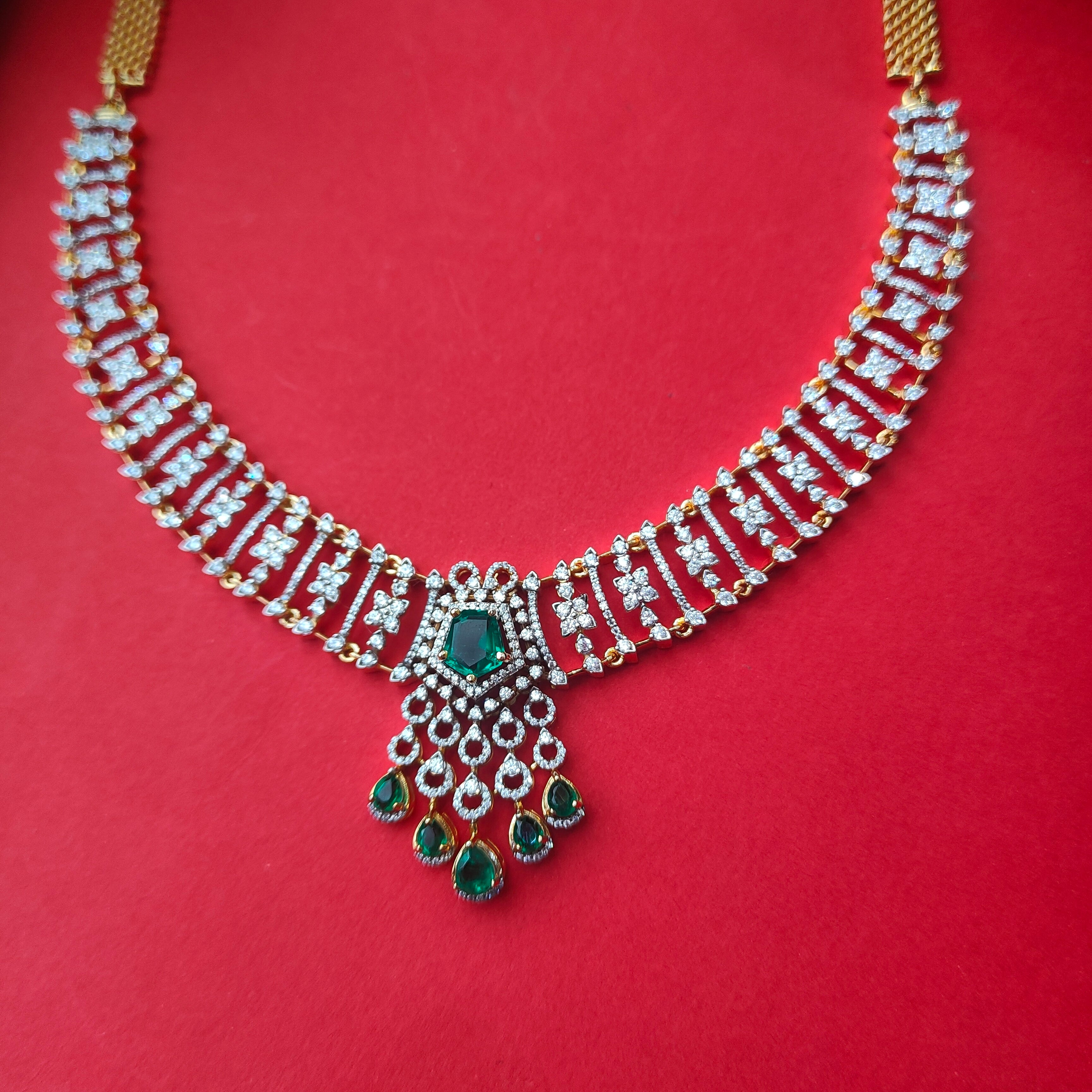 925 Silver Gold Plated Emerald Stone Necklace With Earrings -0200
