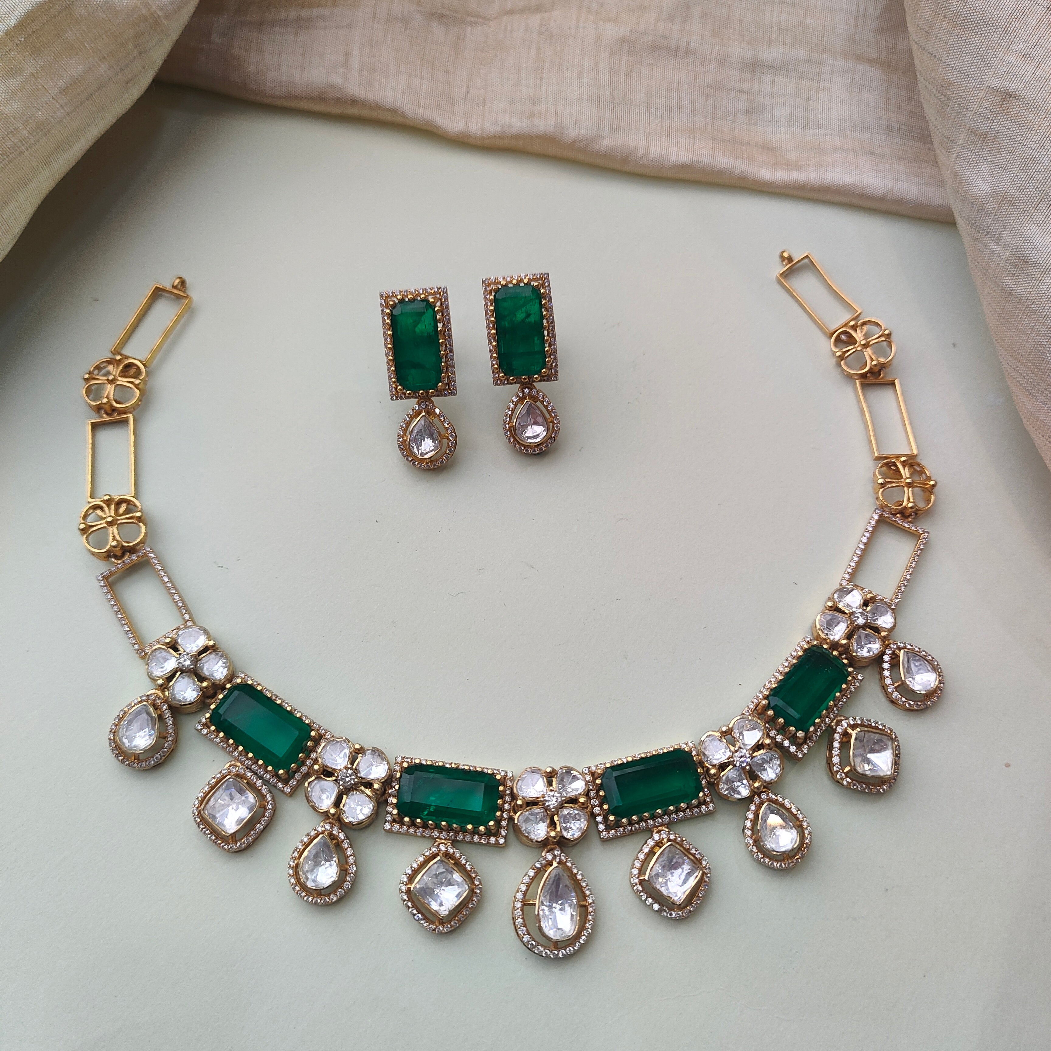 925 Silver Victorian Emerald Necklace With Earrings -0166