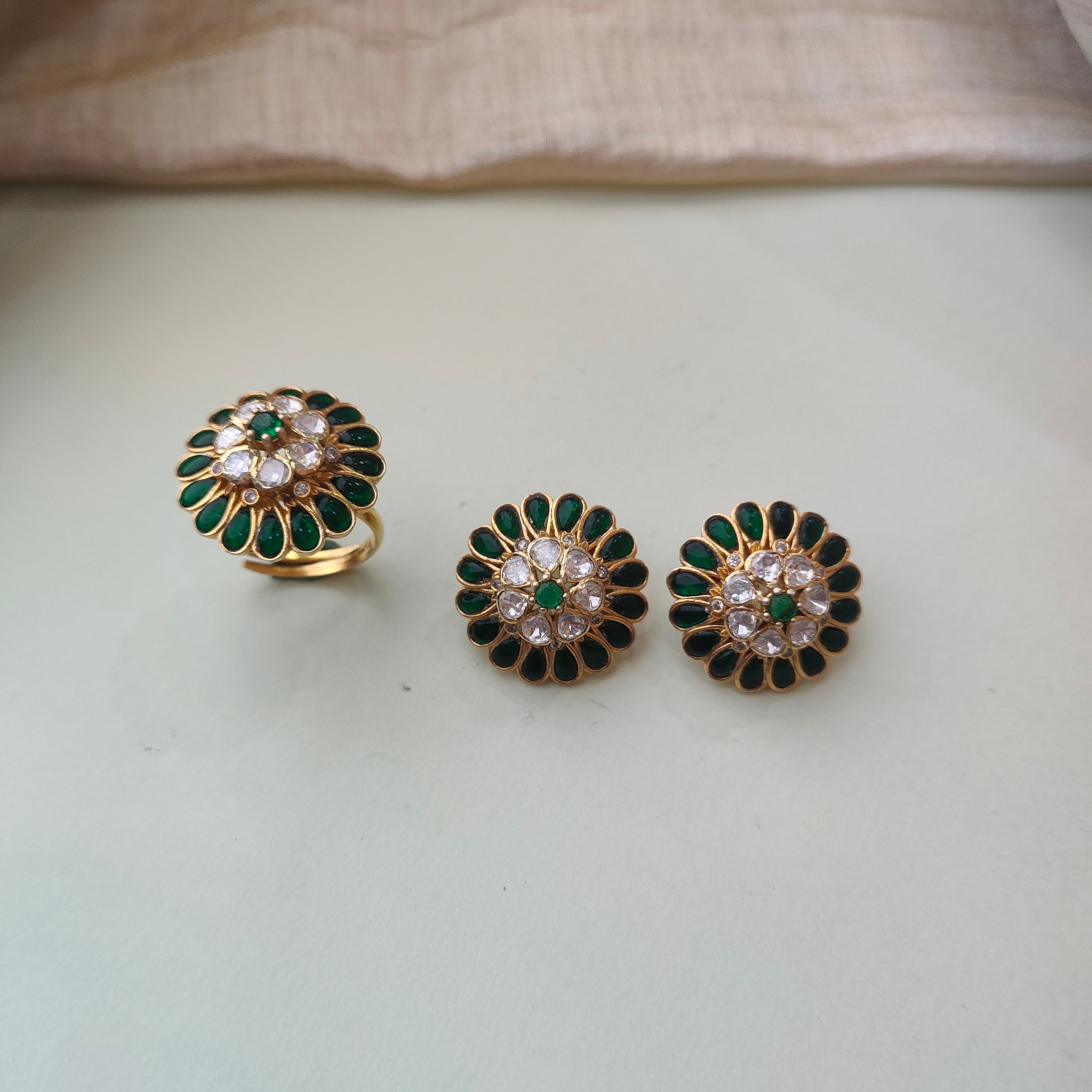 925 Silver Kundan Emerald Ear & Finger Ring-0160